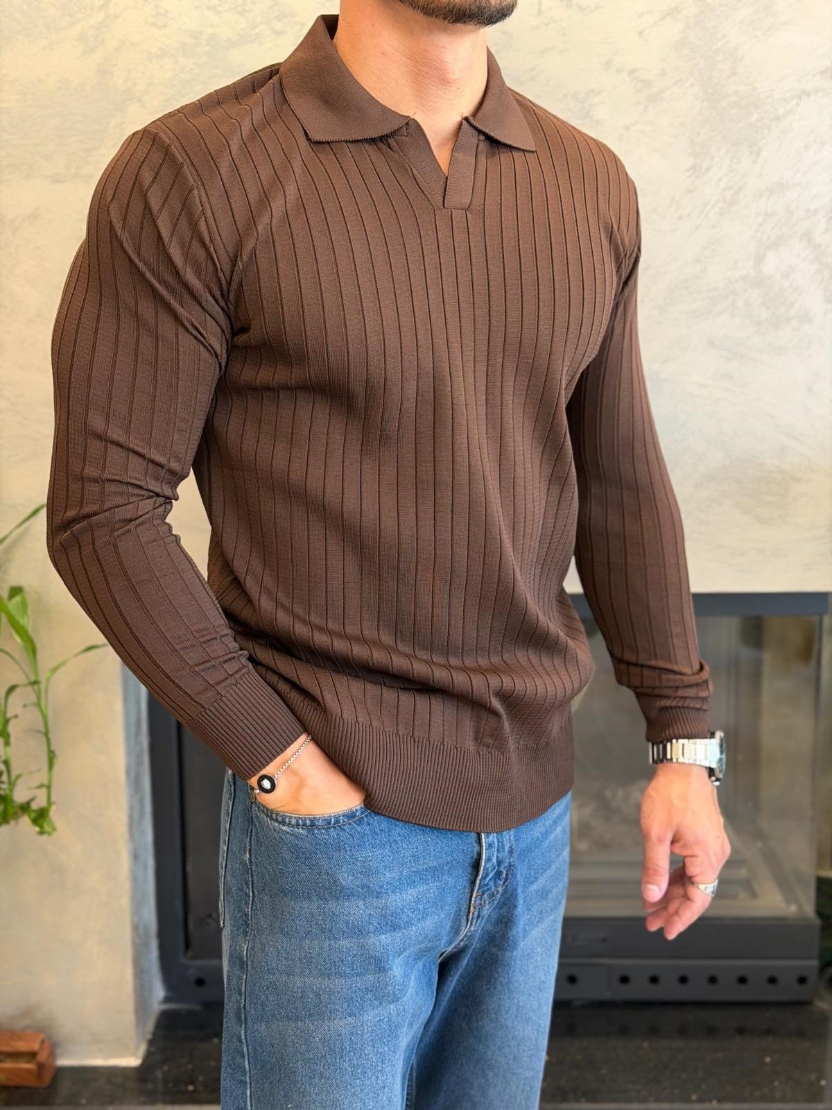 Erkek Slim Fit  Kapamasız Polo Kazak Acı Kahve Eca093