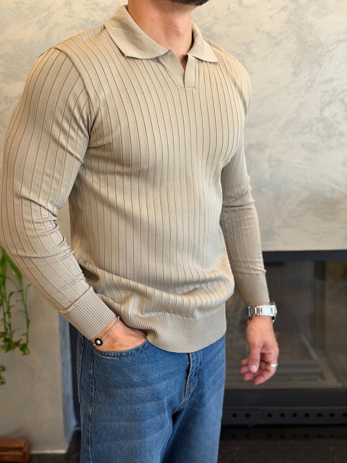 Erkek Slim Fit  Kapamasız Polo Kazak Bej Eca093