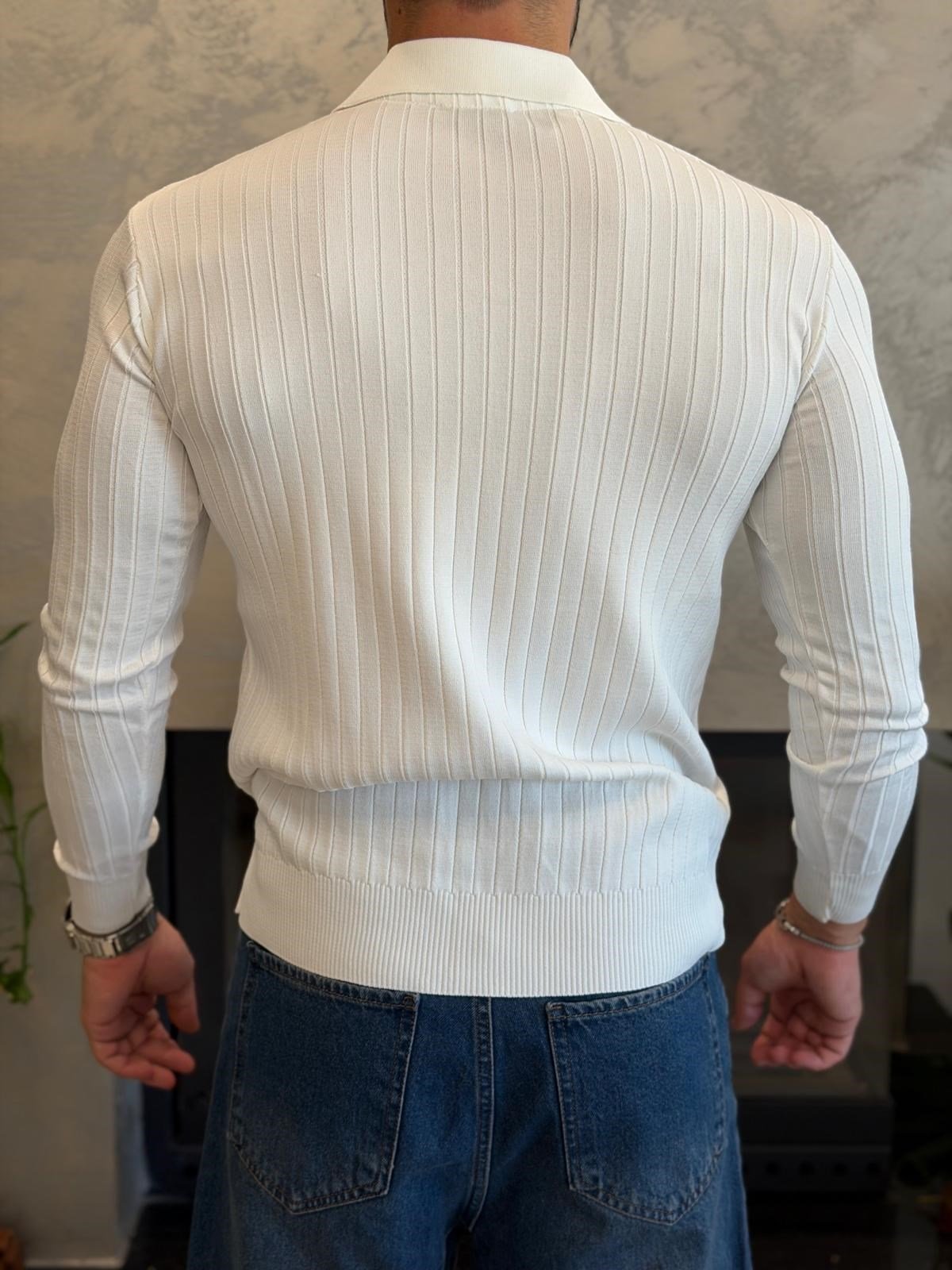Erkek Slim Fit  Kapamasız Polo Kazak Beyaz Eca093