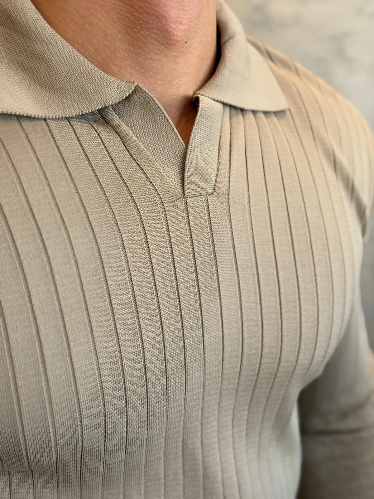 Erkek Slim Fit  Kapamasız Polo Kazak Bej Eca093