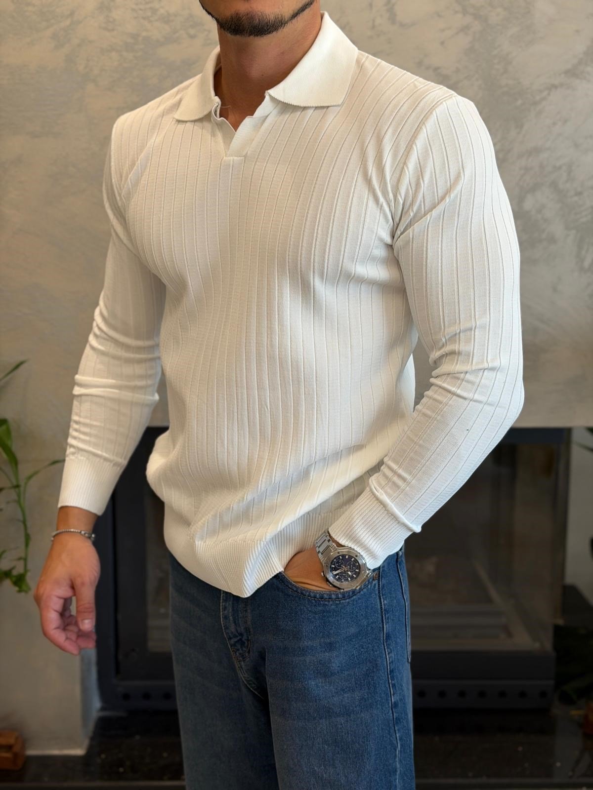 Erkek Slim Fit  Kapamasız Polo Kazak Beyaz Eca093