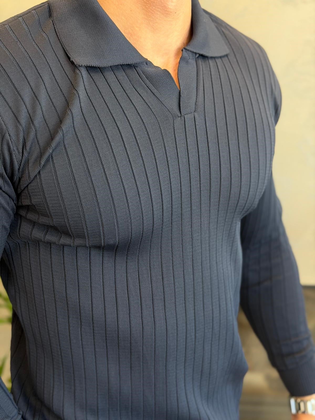 Erkek Slim Fit  Kapamasız Polo Kazak Lacivert Eca093