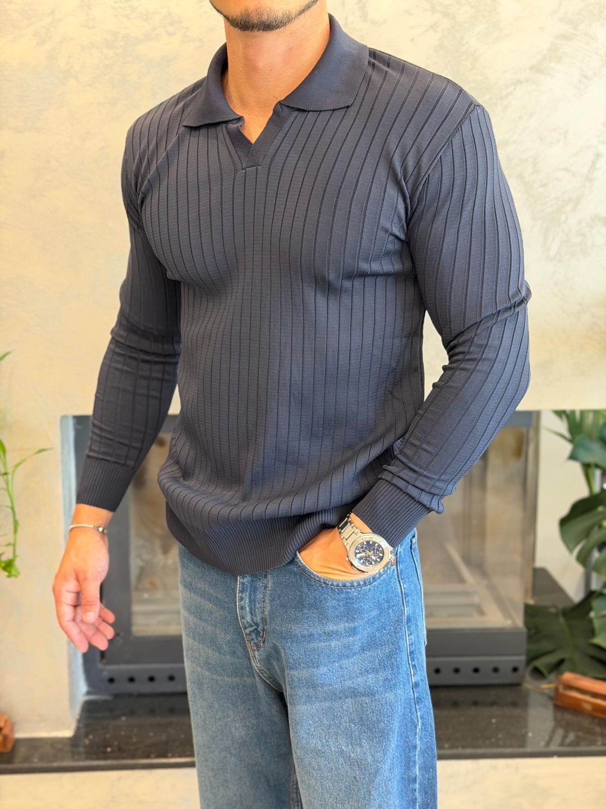 Erkek Slim Fit  Kapamasız Polo Kazak Lacivert Eca093