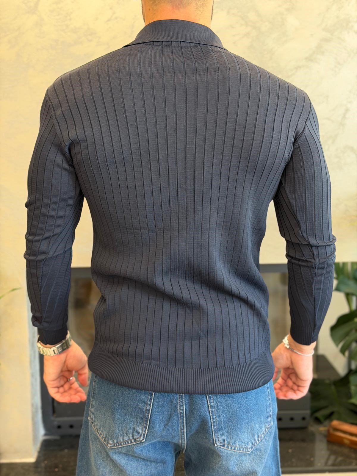 Erkek Slim Fit  Kapamasız Polo Kazak Lacivert Eca093