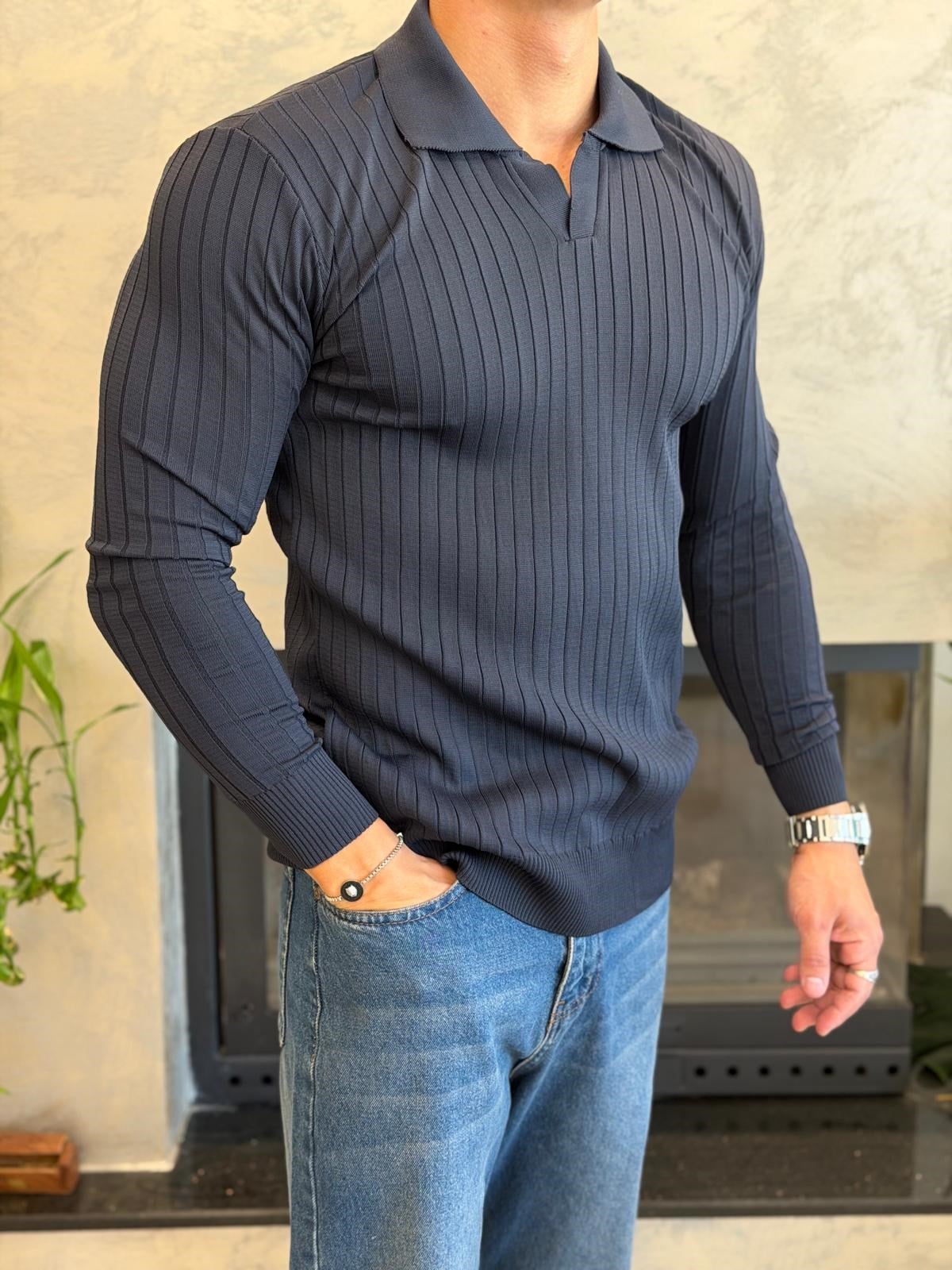 Erkek Slim Fit  Kapamasız Polo Kazak Lacivert Eca093