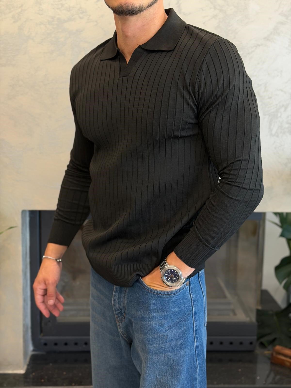 Erkek Slim Fit  Kapamasız Polo Kazak Siyah Eca093
