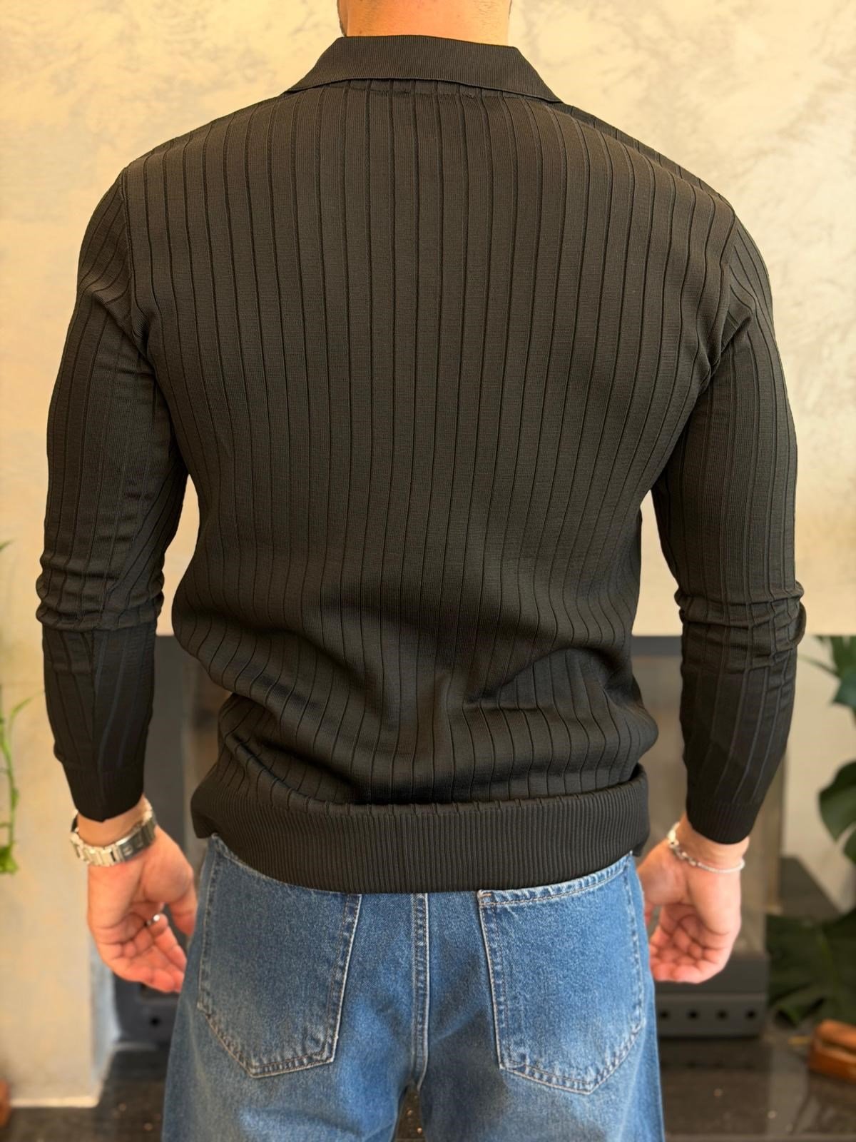 Erkek Slim Fit  Kapamasız Polo Kazak Siyah Eca093