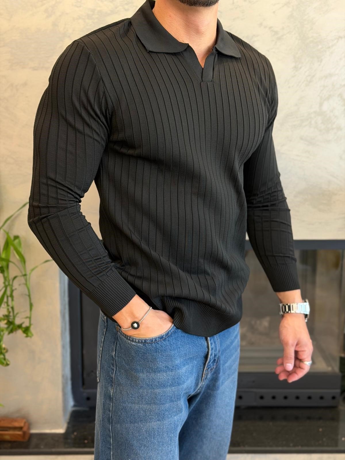 Erkek Slim Fit  Kapamasız Polo Kazak Siyah Eca093