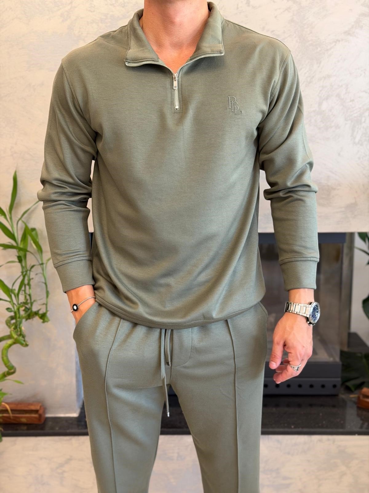 Erkek Slim Fit  Modal Kumaş Alt Üst Takım Haki Eca094
