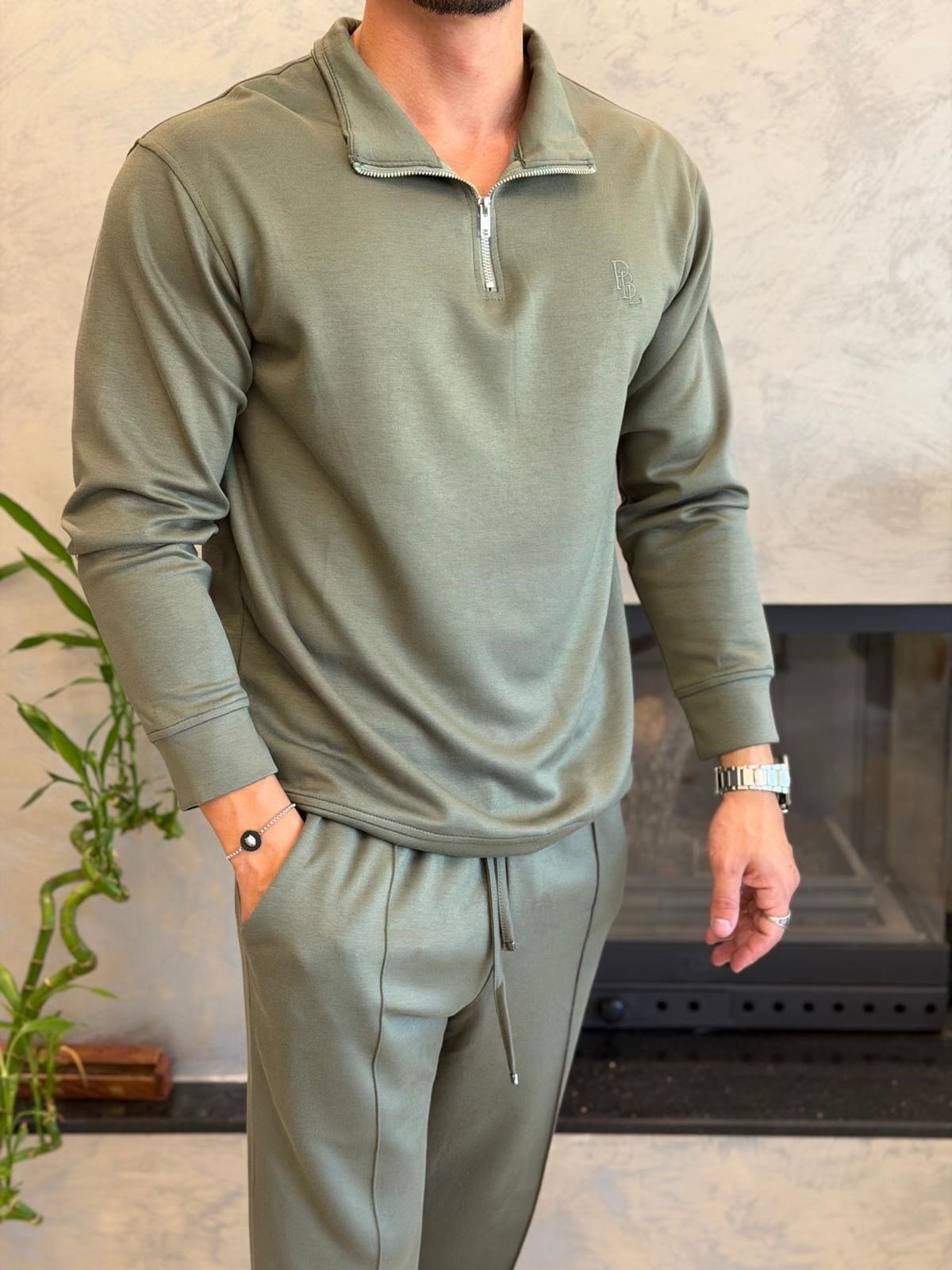 Erkek Slim Fit  Modal Kumaş Alt Üst Takım Haki Eca094