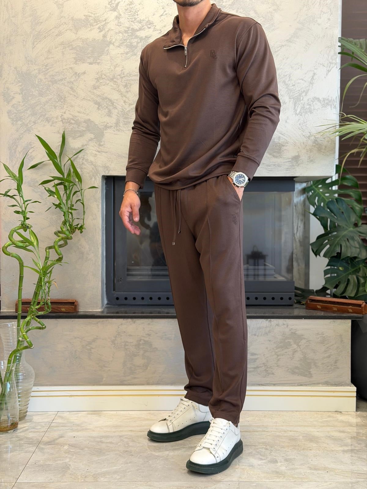 Erkek Slim Fit  Modal Kumaş Alt Üst Takım Acı Kahve Eca094