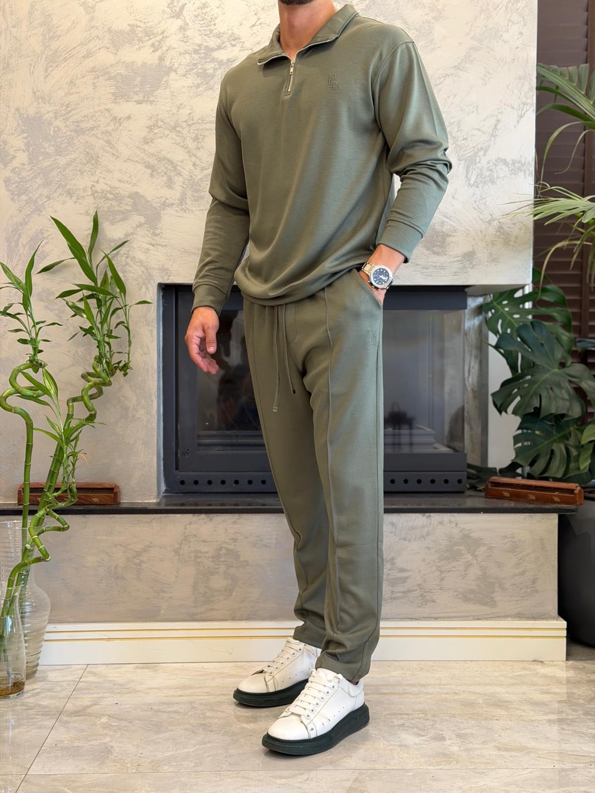 Erkek Slim Fit  Modal Kumaş Alt Üst Takım Haki Eca094