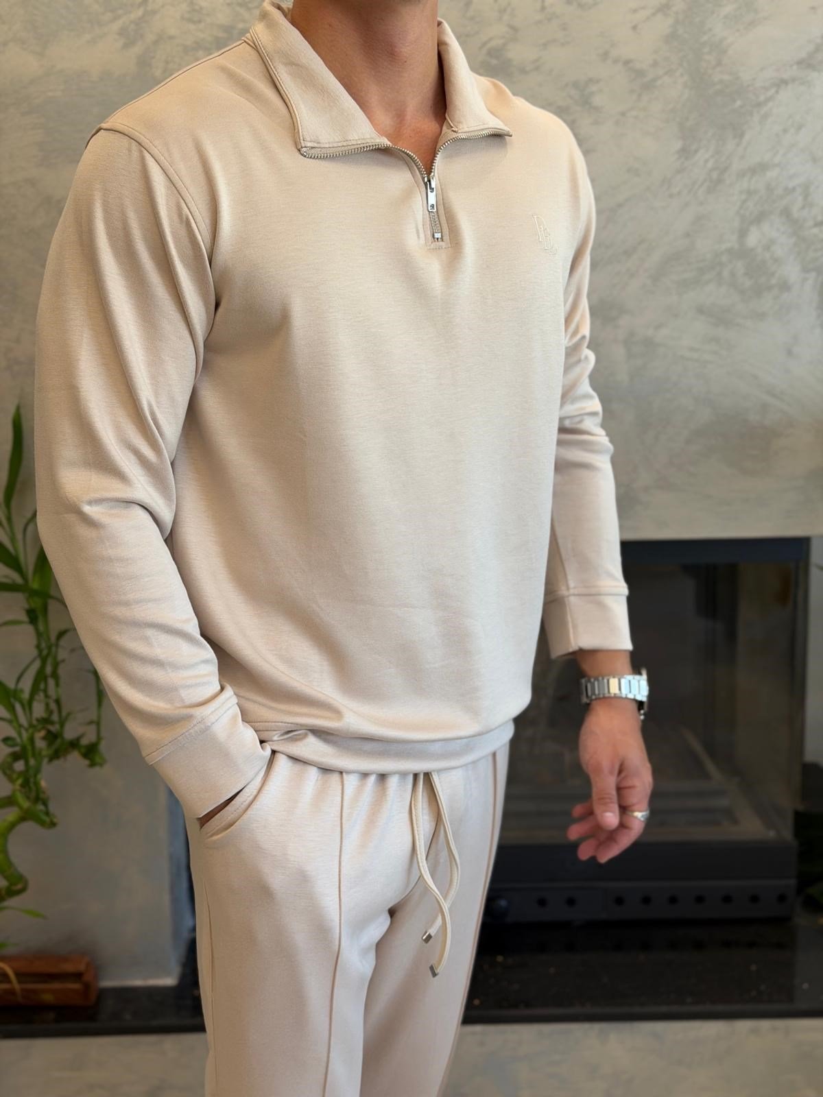 Erkek Slim Fit  Modal Kumaş Alt Üst Takım Pudra Eca094