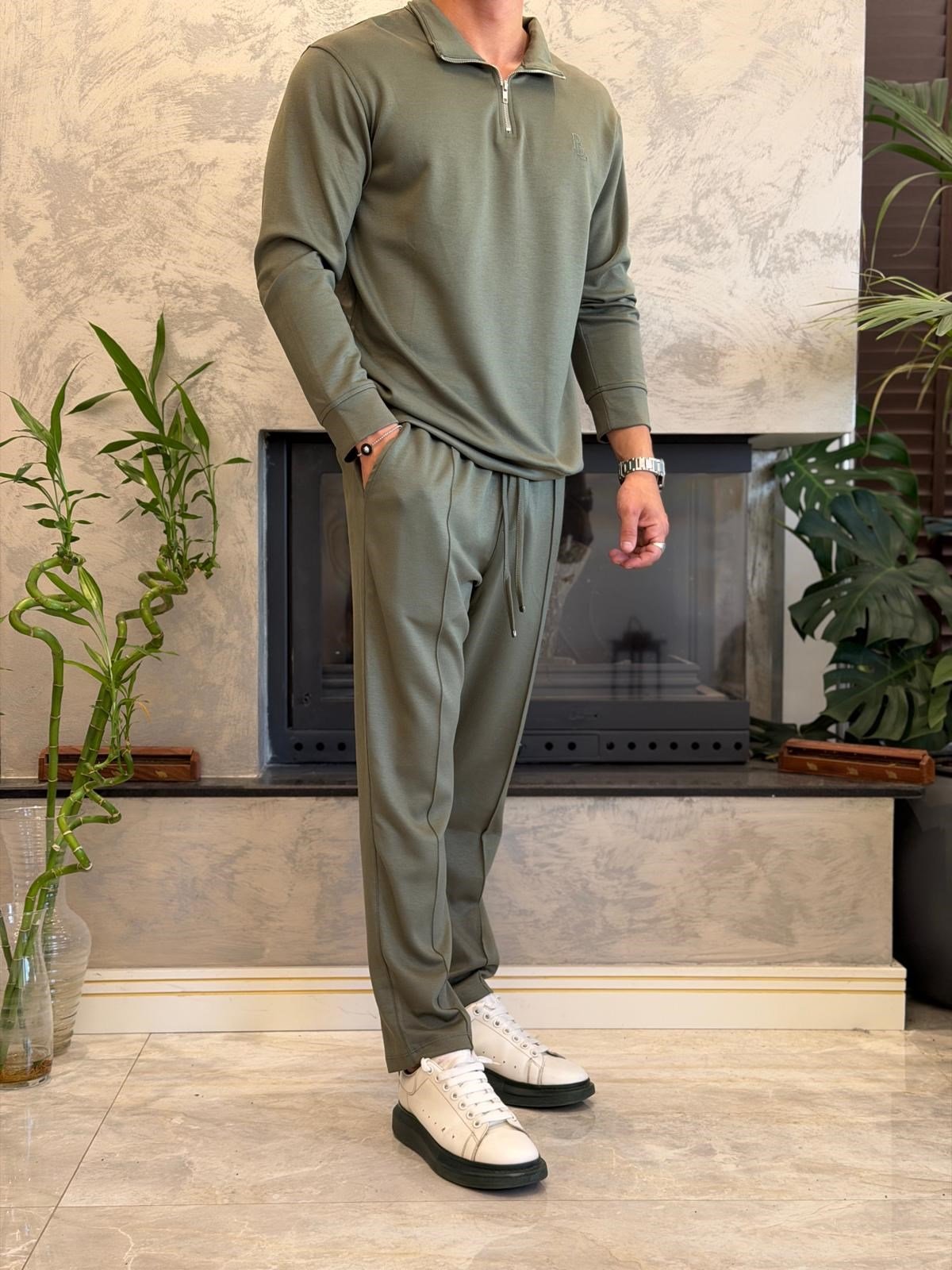 Erkek Slim Fit  Modal Kumaş Alt Üst Takım Haki Eca094