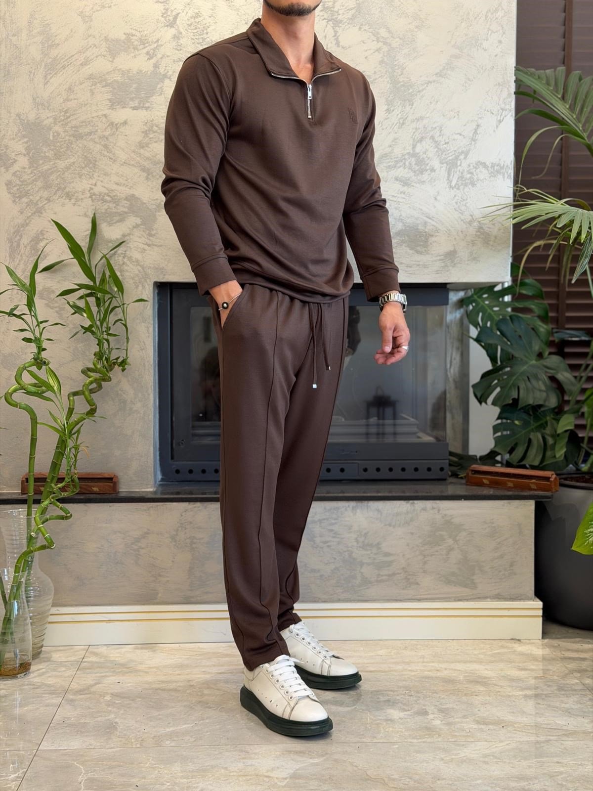 Erkek Slim Fit  Modal Kumaş Alt Üst Takım Acı Kahve Eca094