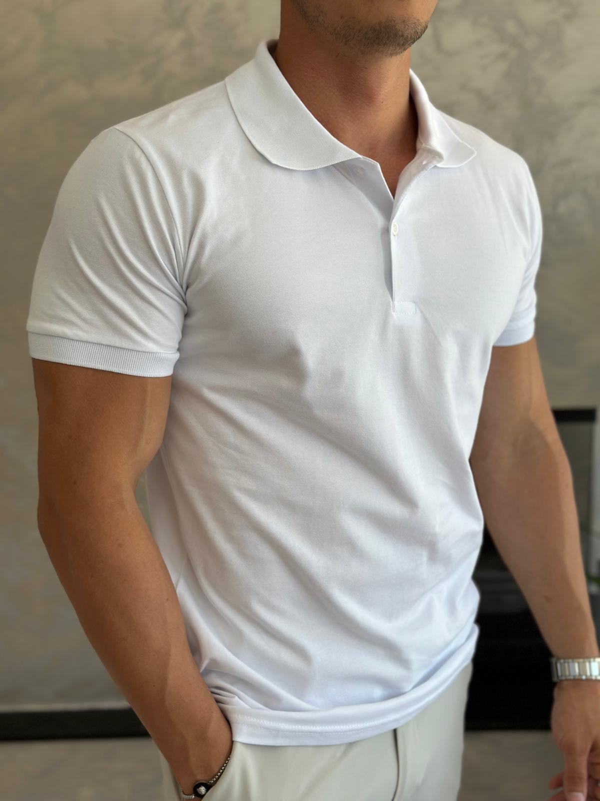Erkek Slim Fit Pamuklu Polo Yaka Tshirt Beyaz Eca017