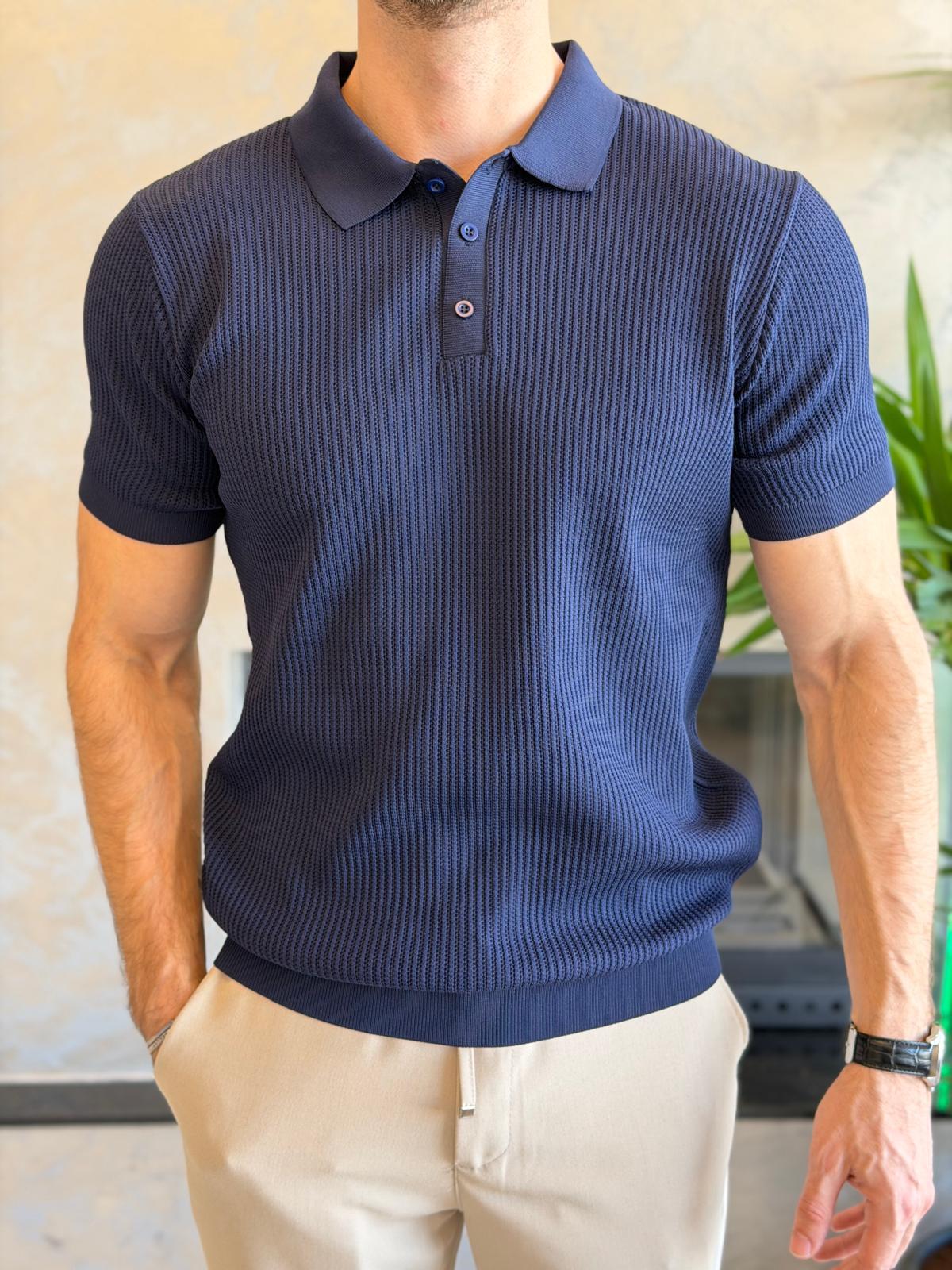 Erkek Slim Fit Polo Yaka Düğme Detaylı Dokulu Tshirt Lacivert Eca058