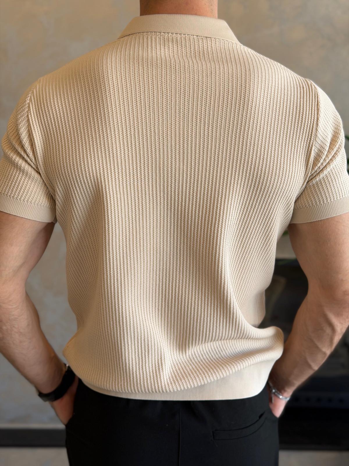 Erkek Slim Fit Polo Yaka Düğme Detaylı Dokulu Tshirt Bej Eca058