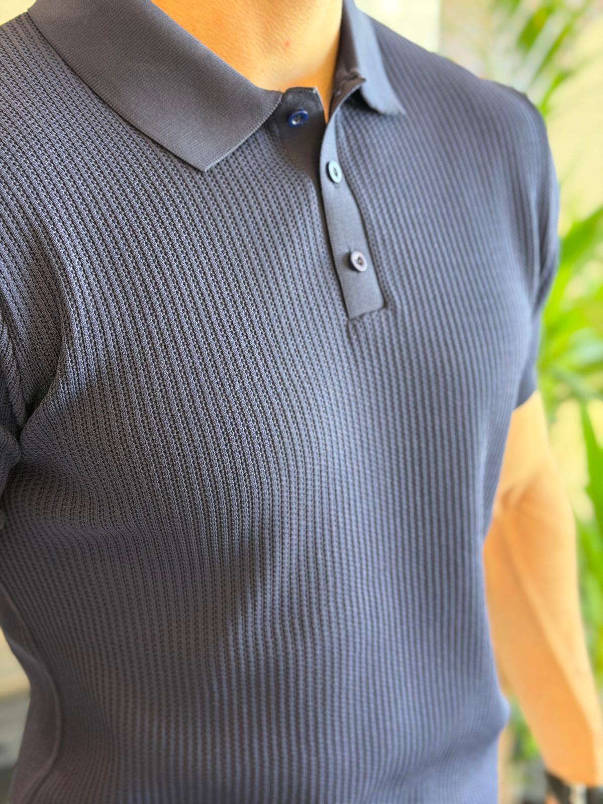 Erkek Slim Fit Polo Yaka Düğme Detaylı Dokulu Tshirt Lacivert Eca058