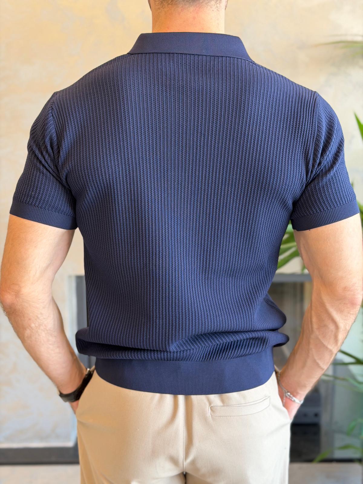Erkek Slim Fit Polo Yaka Düğme Detaylı Dokulu Tshirt Lacivert Eca058
