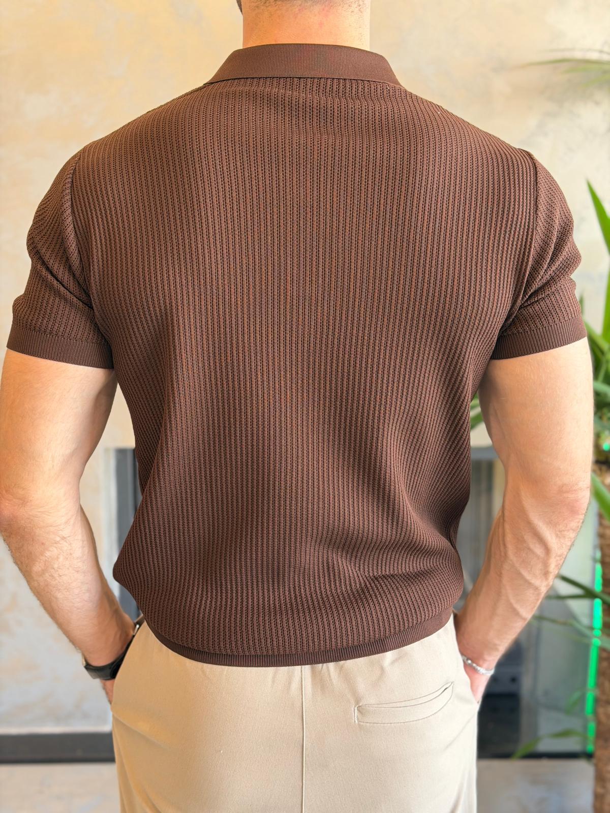 Erkek Slim Fit Polo Yaka Düğme Detaylı Dokulu Tshirt Acı Kahve Eca058
