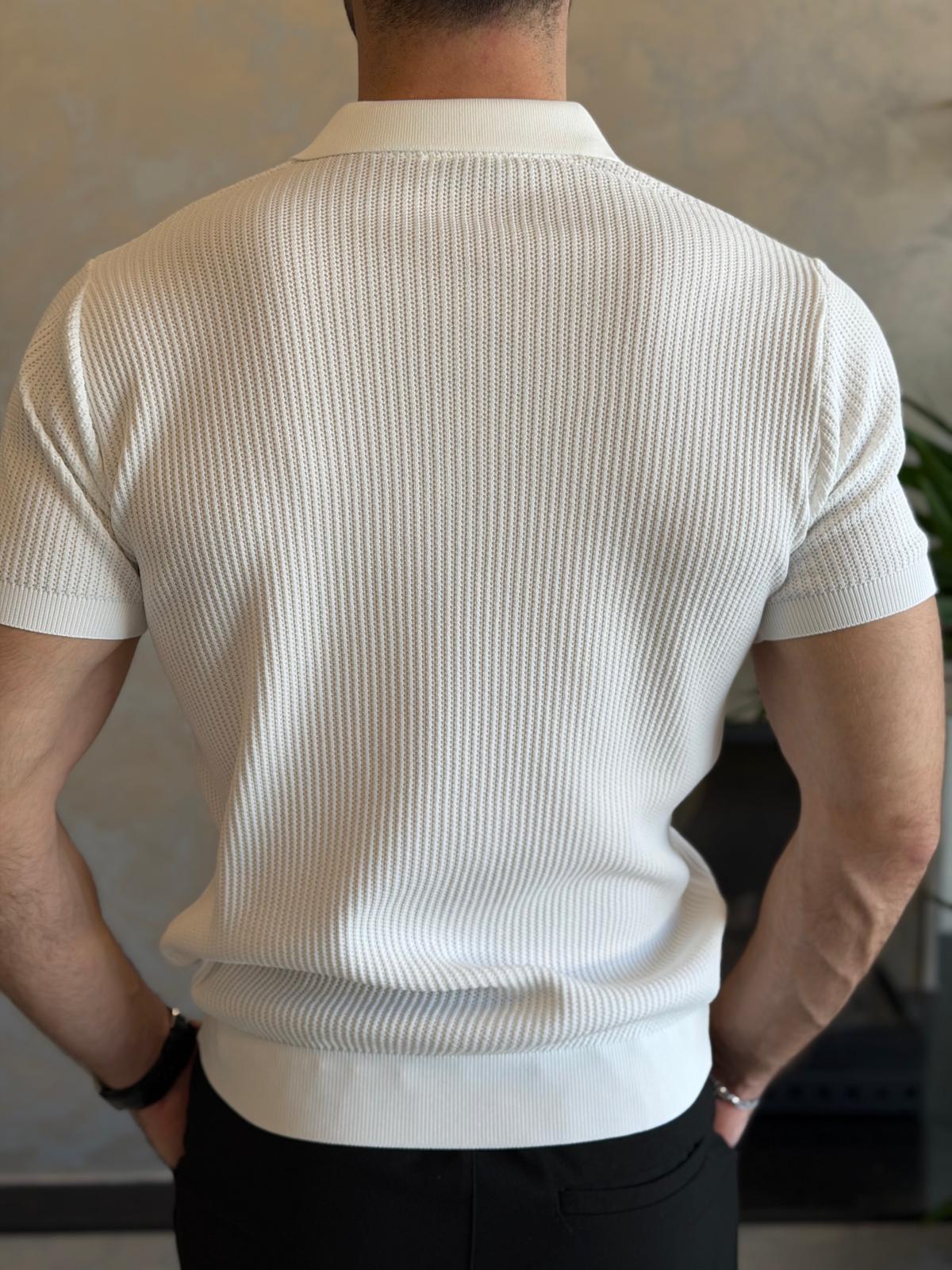 Erkek Slim Fit Polo Yaka Düğme Detaylı Dokulu Tshirt Beyaz Eca058