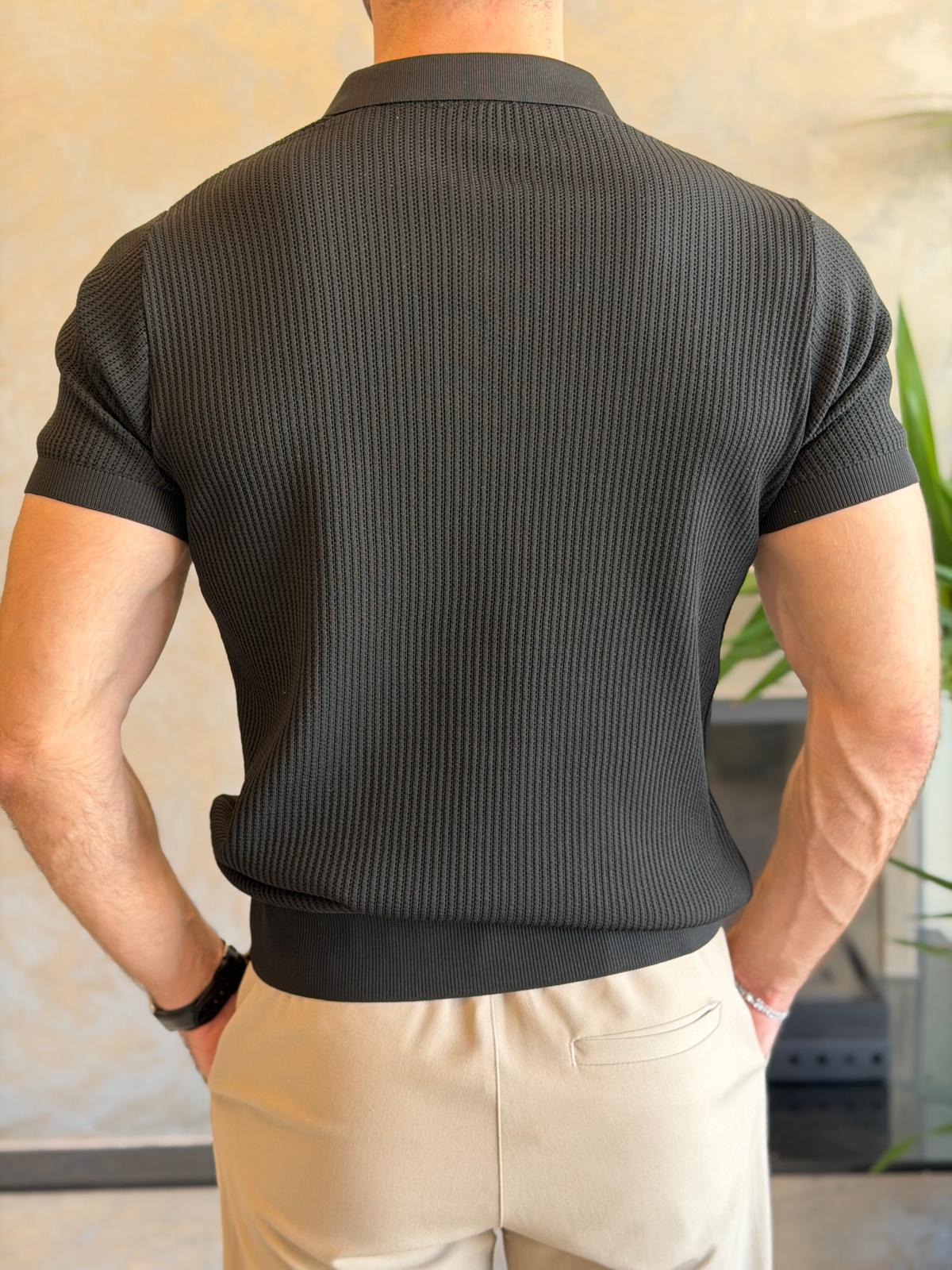 Erkek Slim Fit Polo Yaka Düğme Detaylı Dokulu Tshirt Siyah Eca058