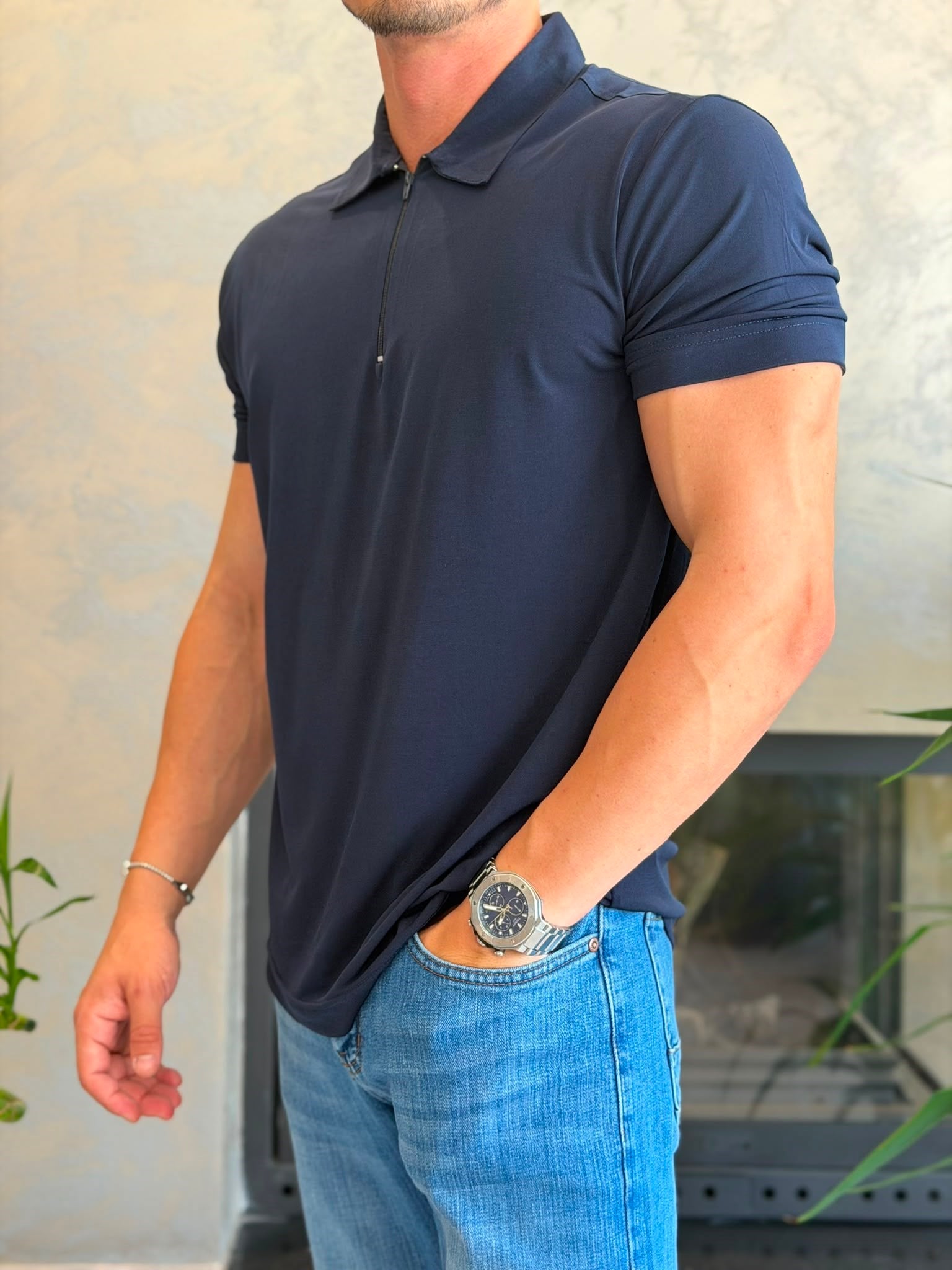 Erkek Soft Touch Fermuarlı Polo Tshirt  Lacivert Eca088