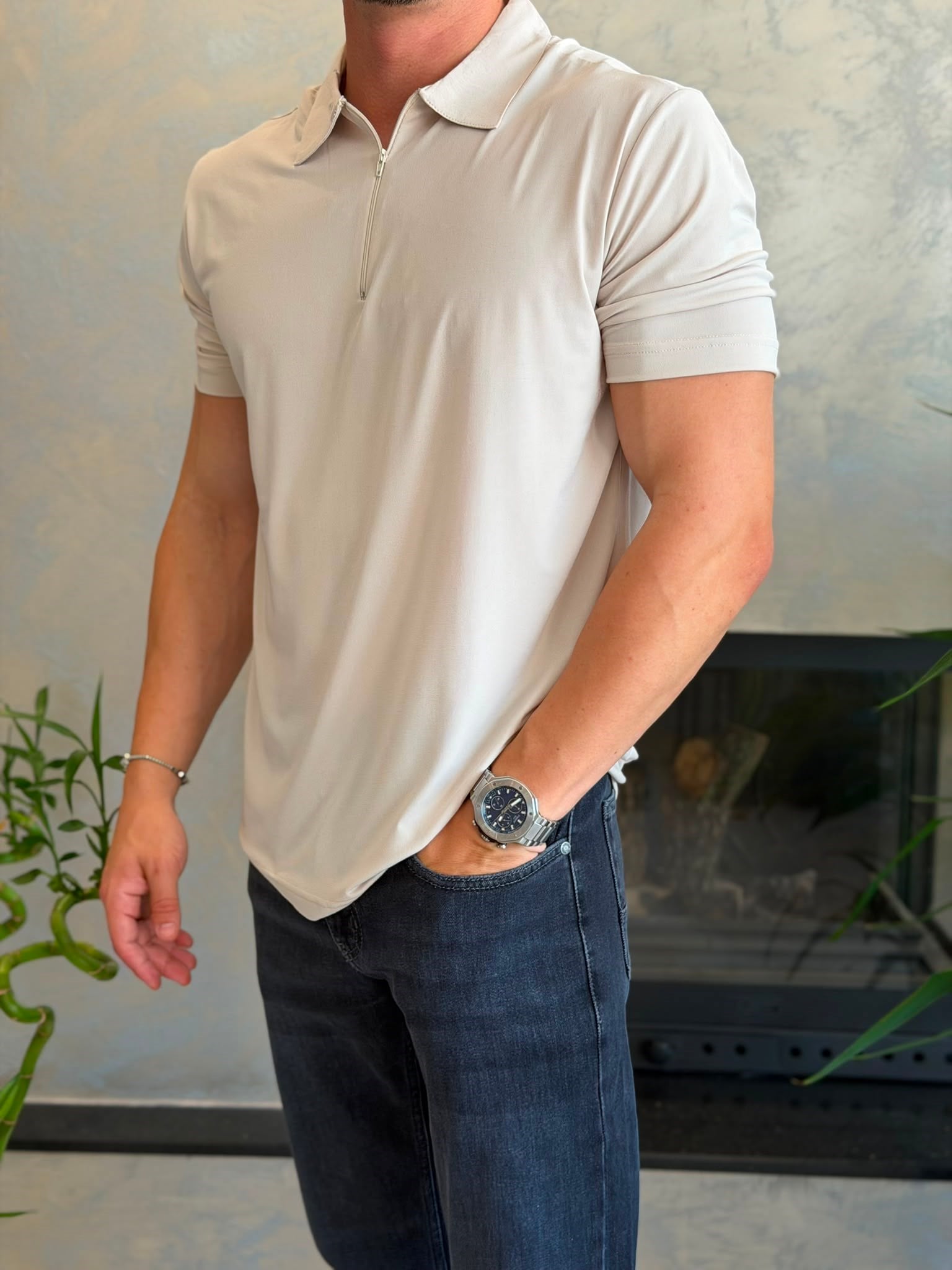 Erkek Soft Touch Fermuarlı Polo Tshirt  Bej Eca088