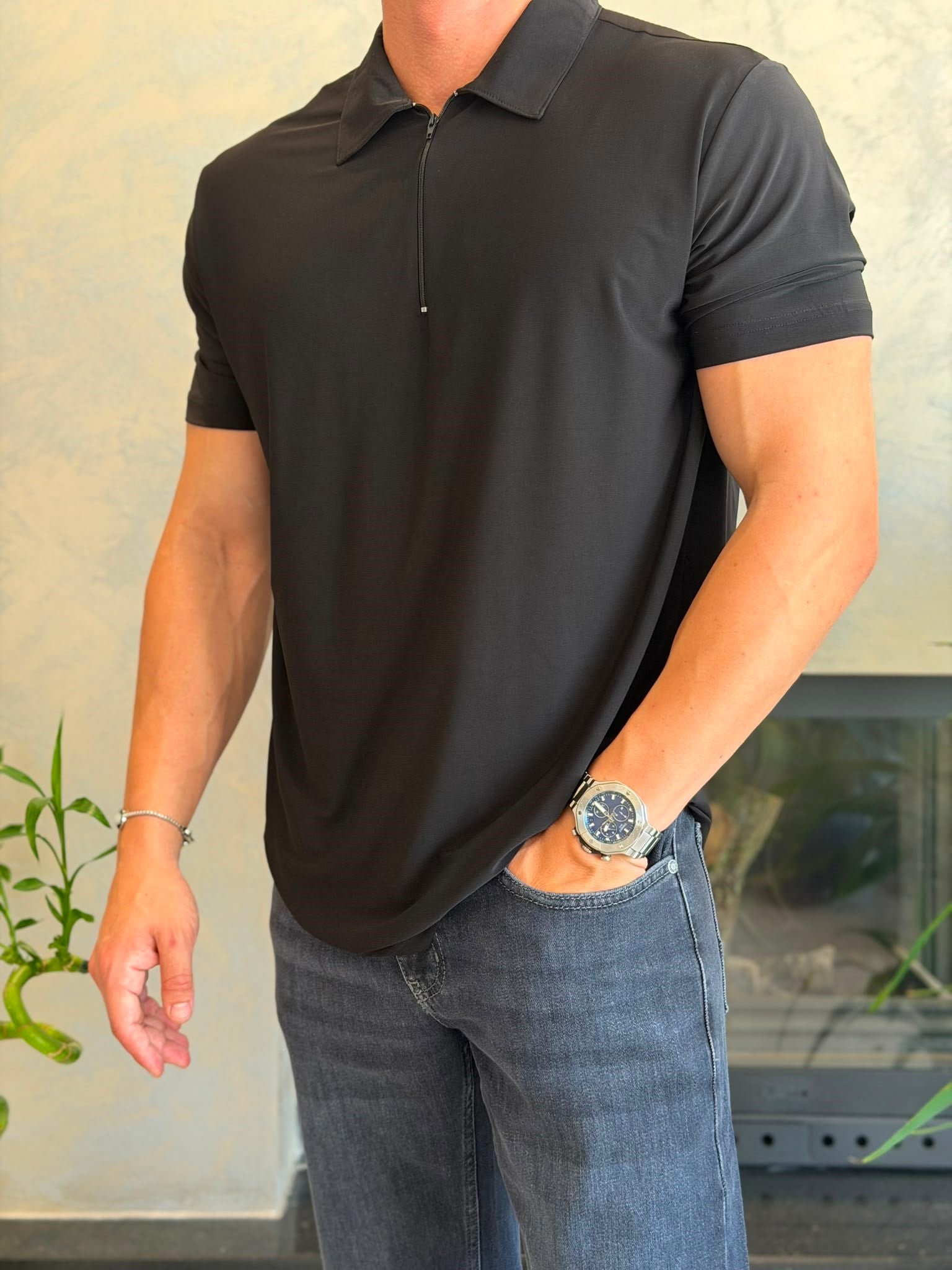Erkek Soft Touch Fermuarlı Polo Tshirt  Siyah  Eca088