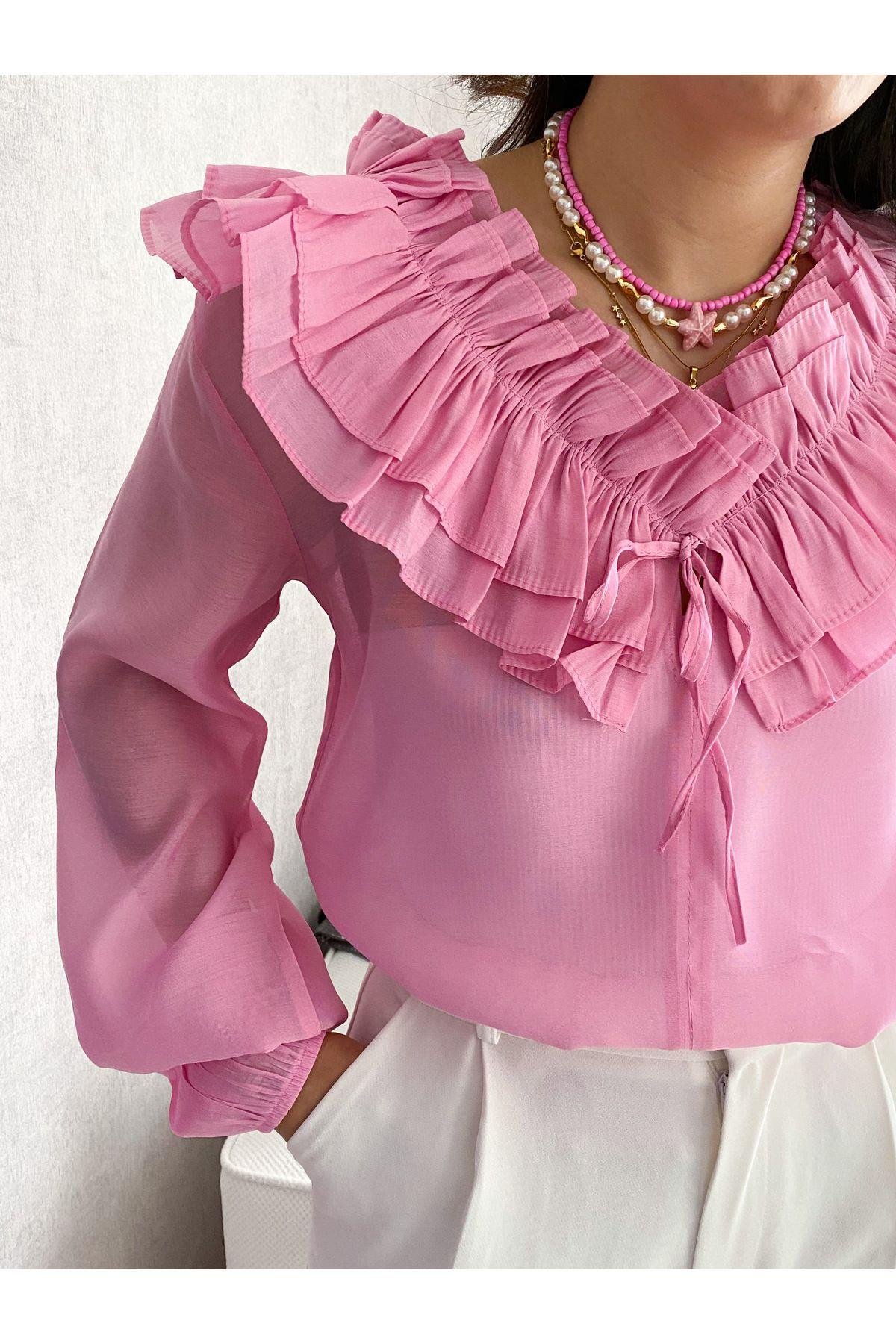 pembe yakası fırfırlı bluz
