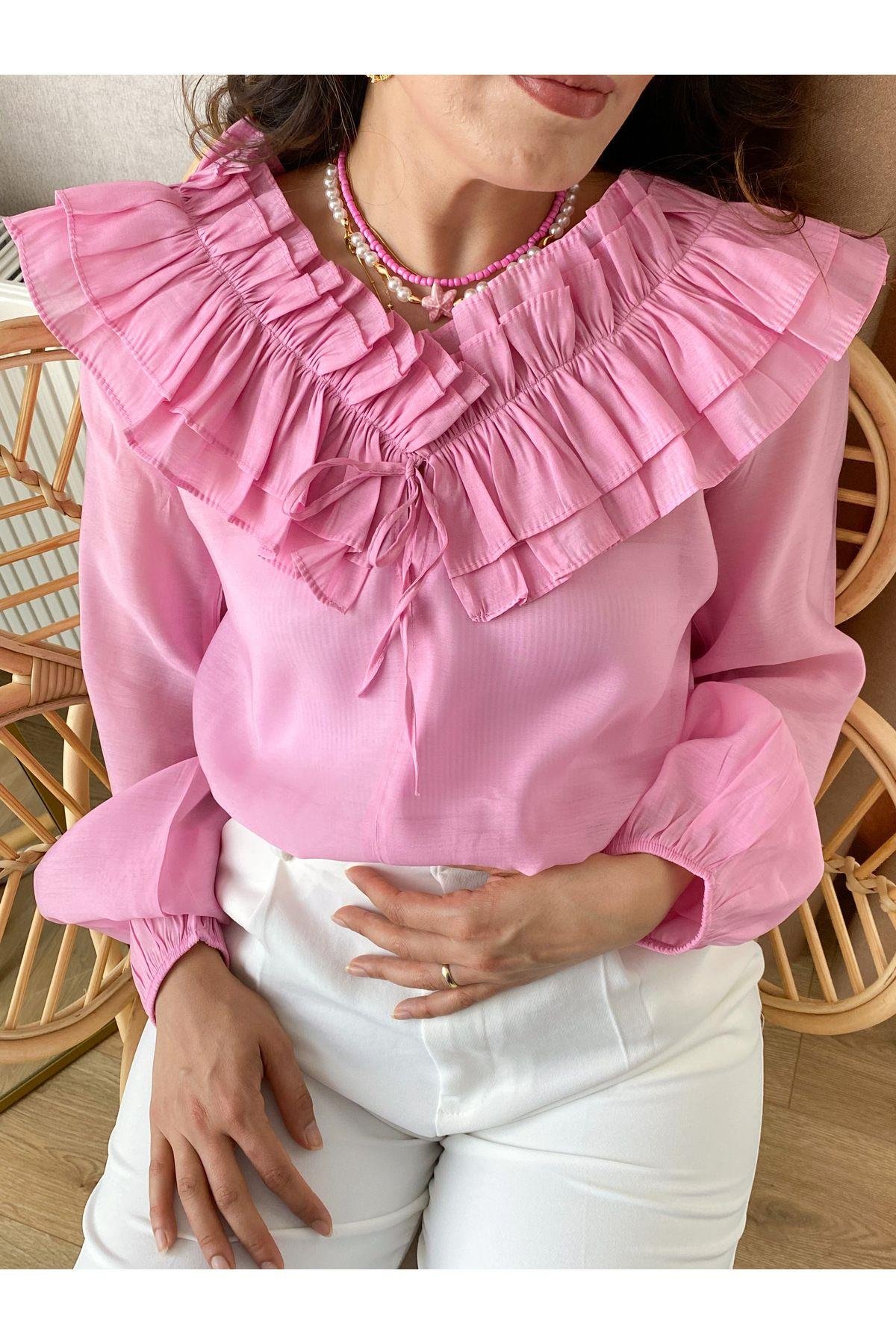 pembe yakası fırfırlı bluz