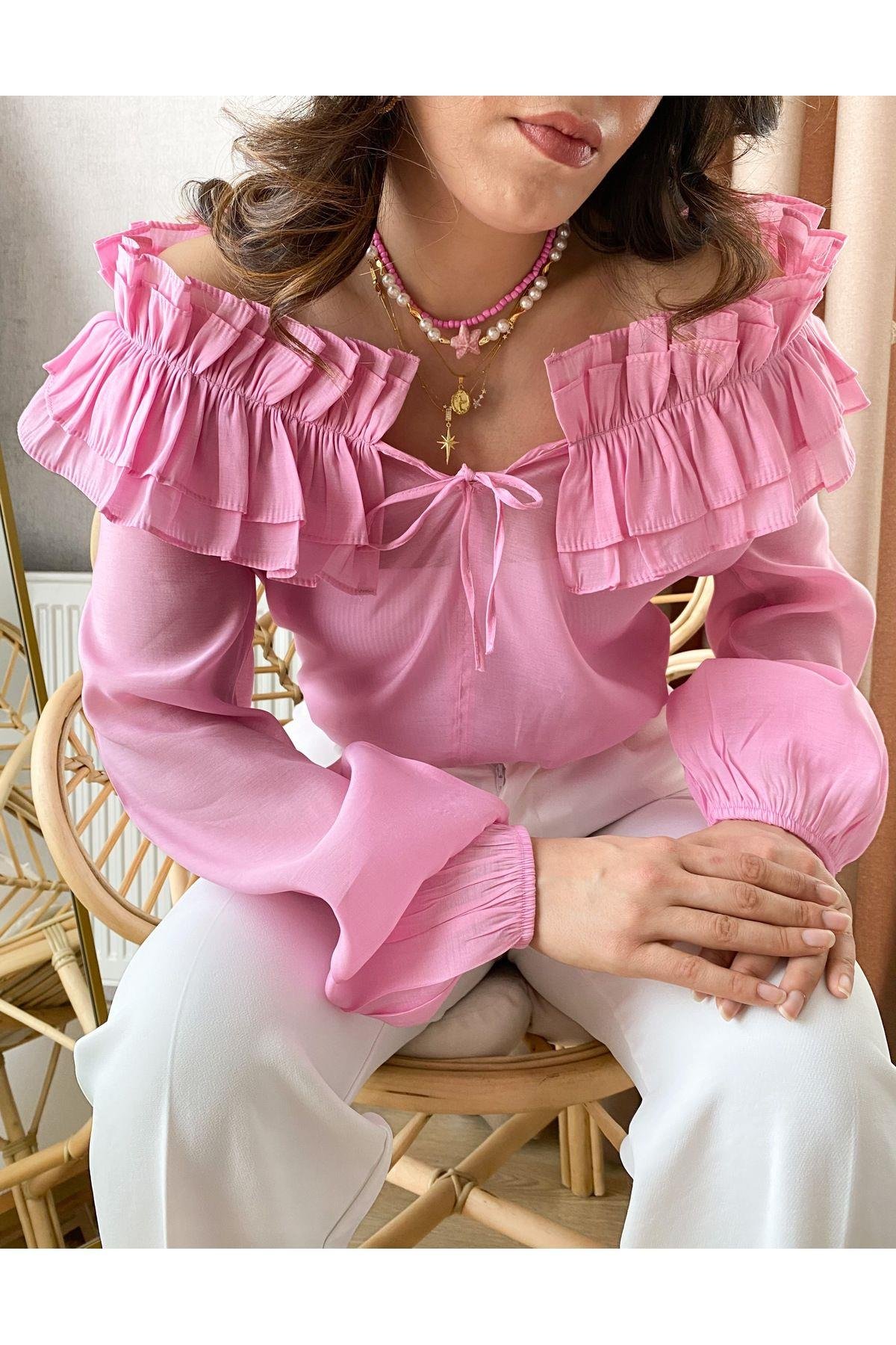 pembe yakası fırfırlı bluz