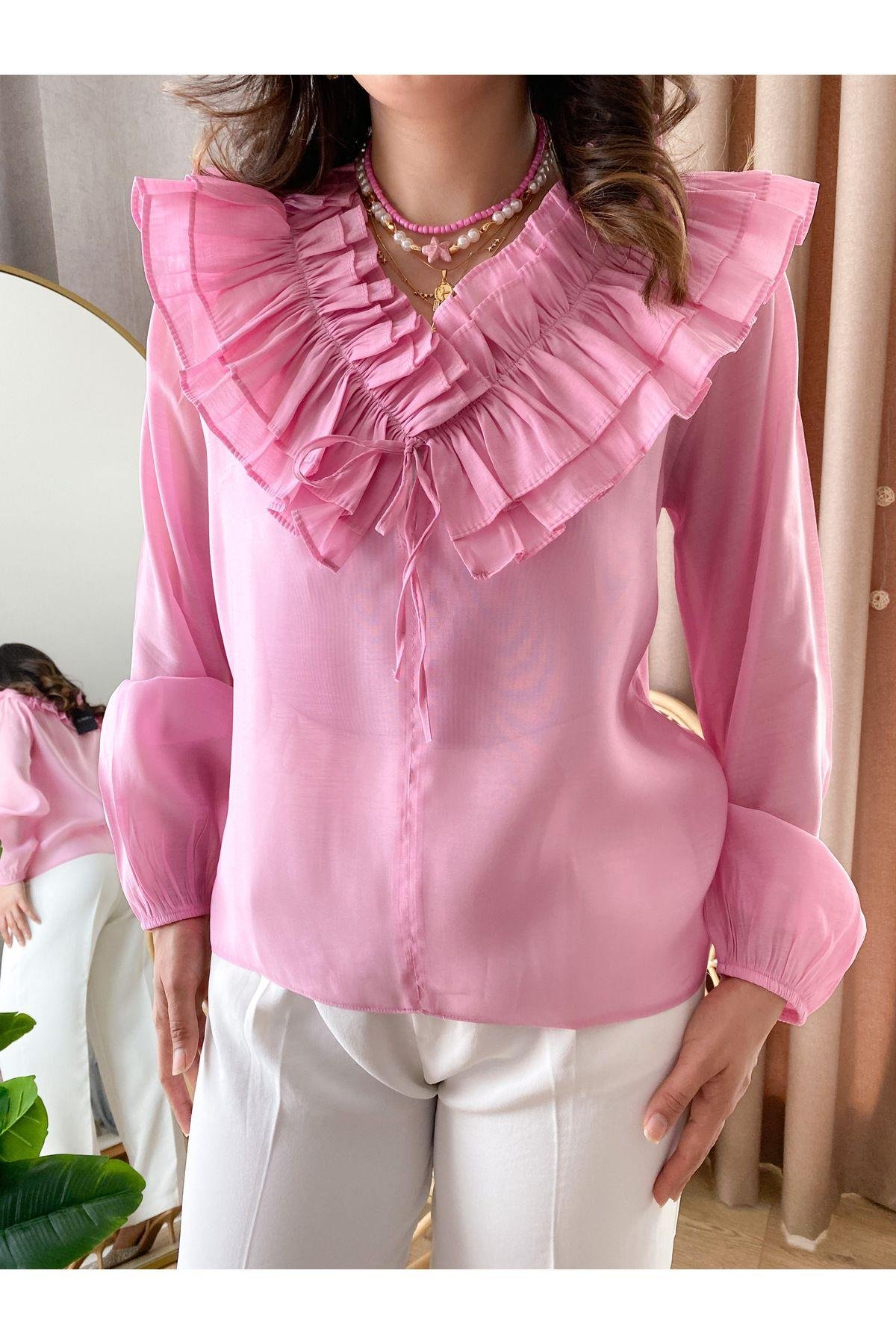 pembe yakası fırfırlı bluz