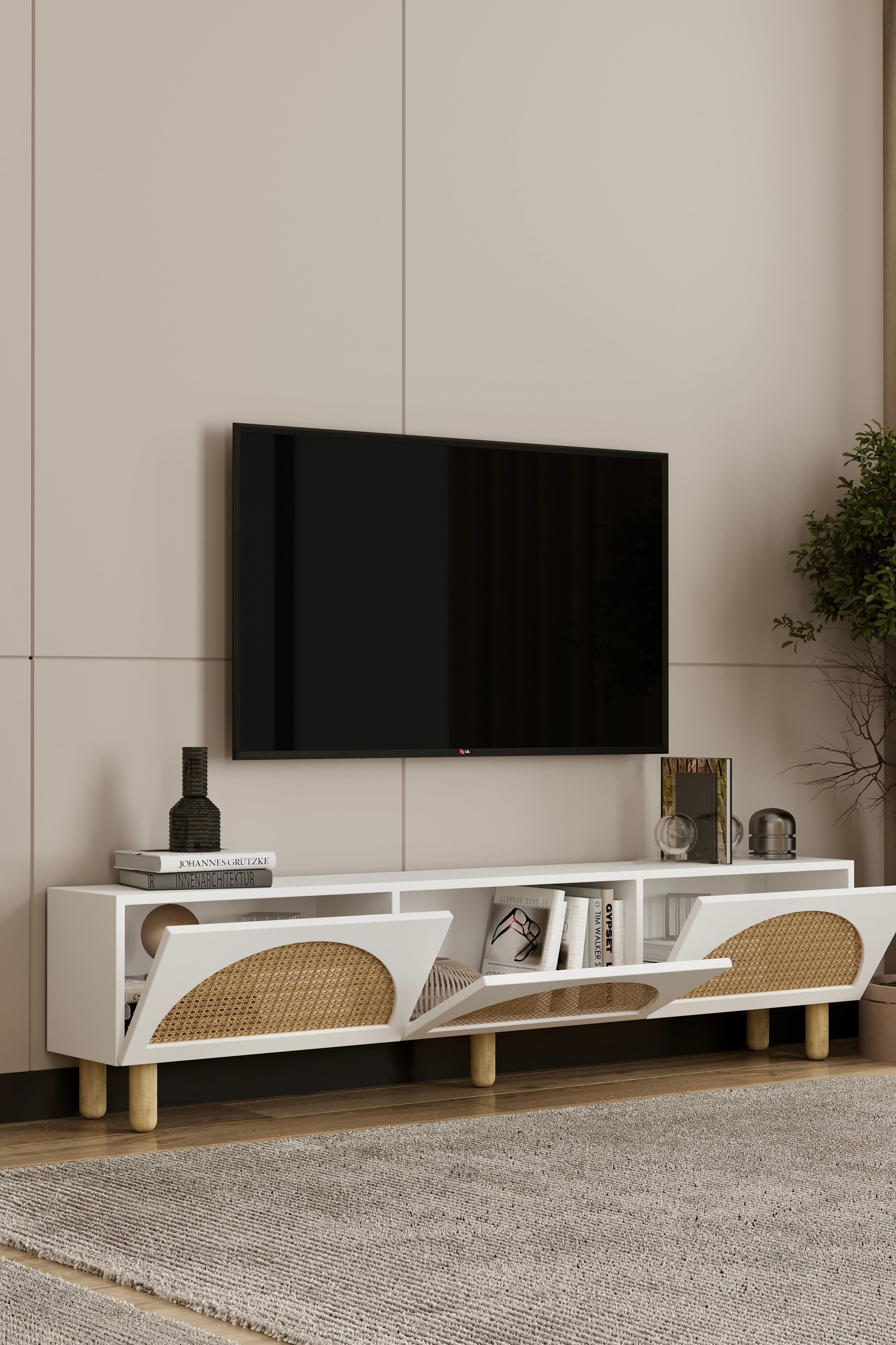 Hazeranlı Bohem Ayaklı Tv Ünitesi Beyaz