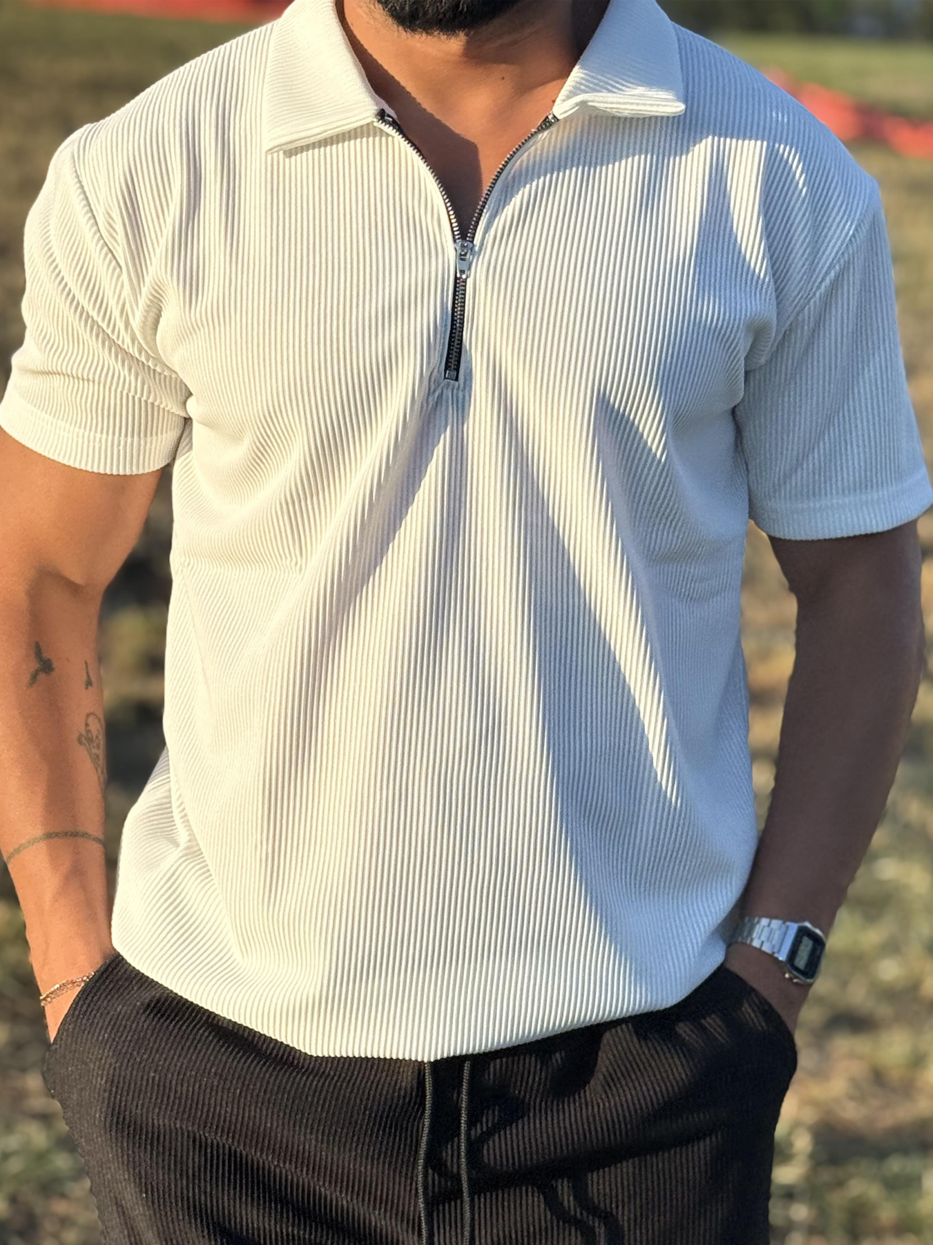 Beyaz Fermuarlı Polo Yaka T-Shirt