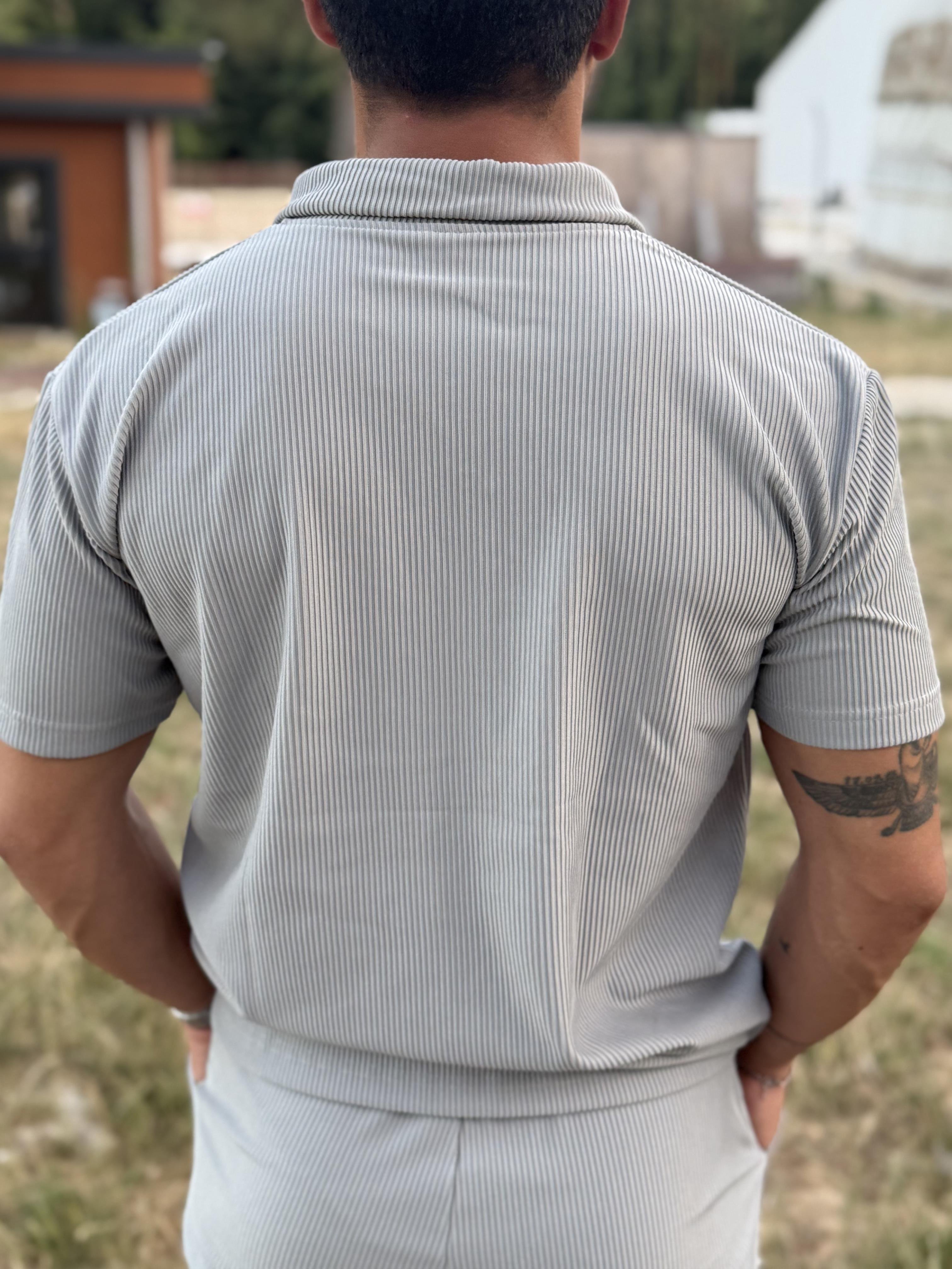 Gri Fermuarlı Polo Yaka T-Shirt