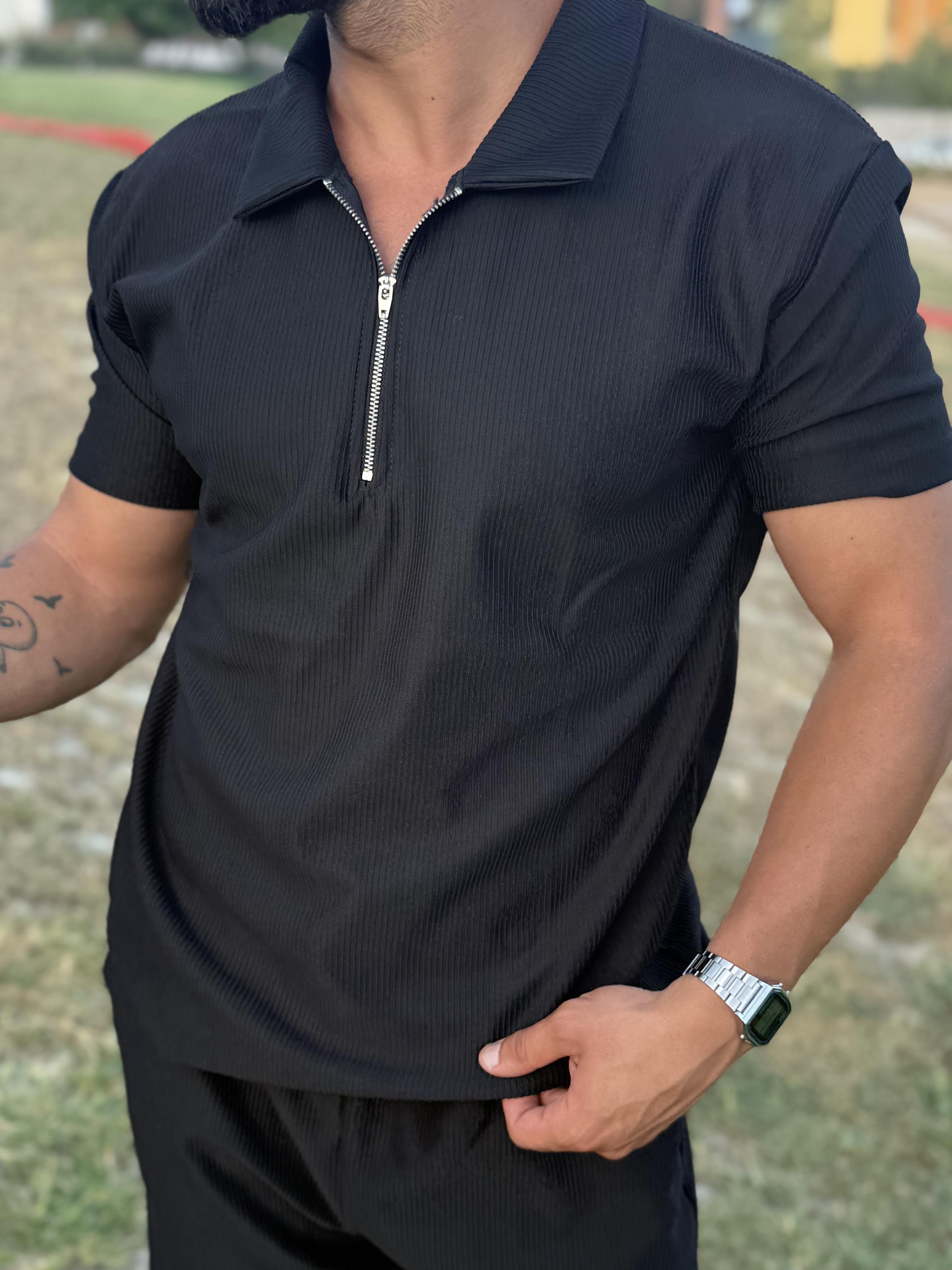 Siyah Fermuarlı Polo Yaka T-Shirt