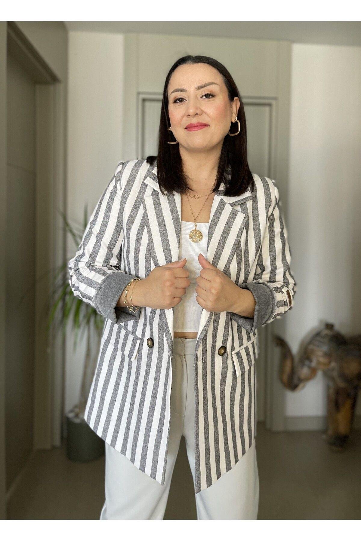 GRİ ÇİZGİLİ OVERSIZE KETEN GÖRÜNÜMLÜ KOL DETAYLI  ASTARLI BLAZER CEKET
