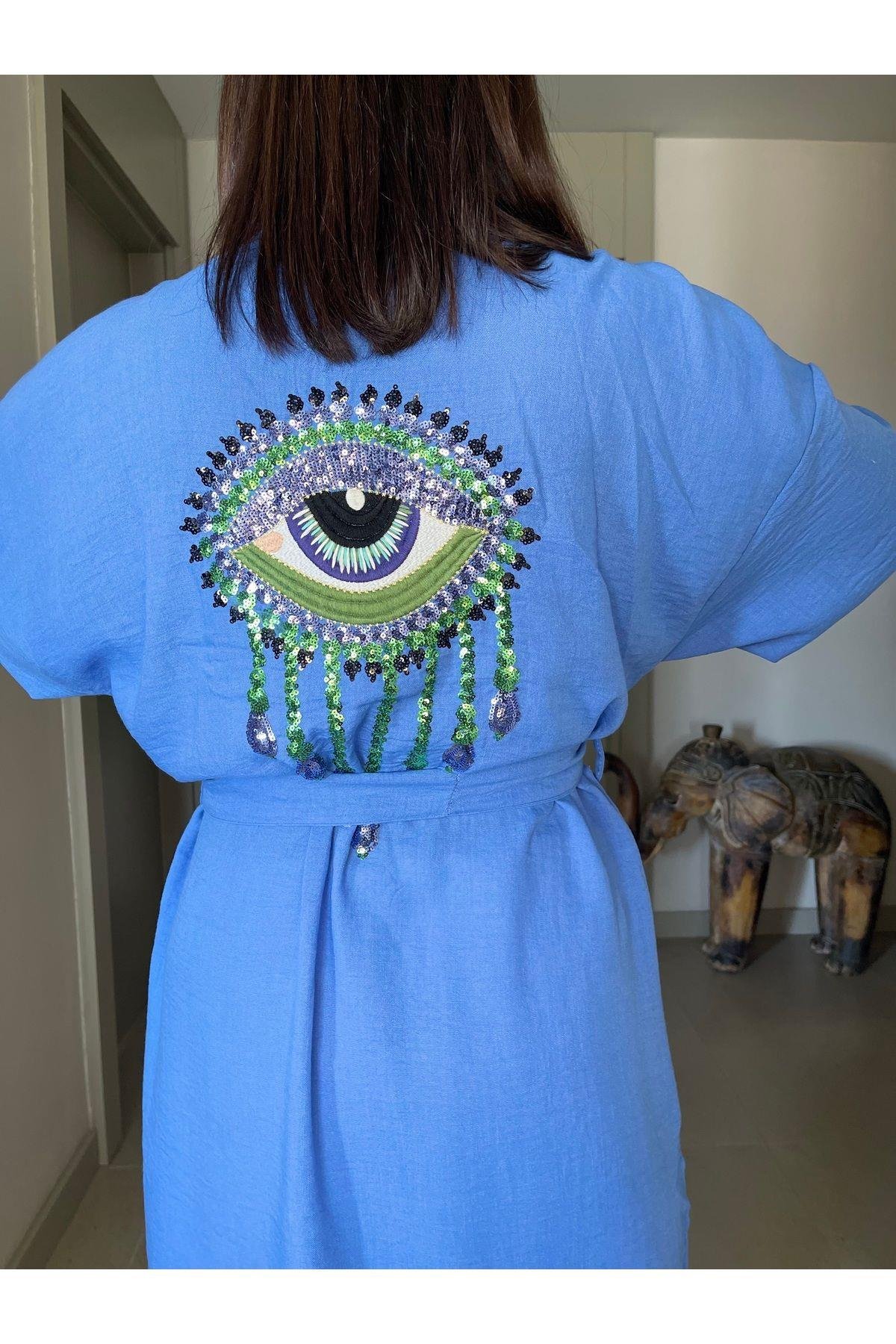 Nakış ve Payet İşlemeli Parlak Göz Detaylı Keten Kimono / Kaftan Yırtmaçlı ve Beli Kuşaklı