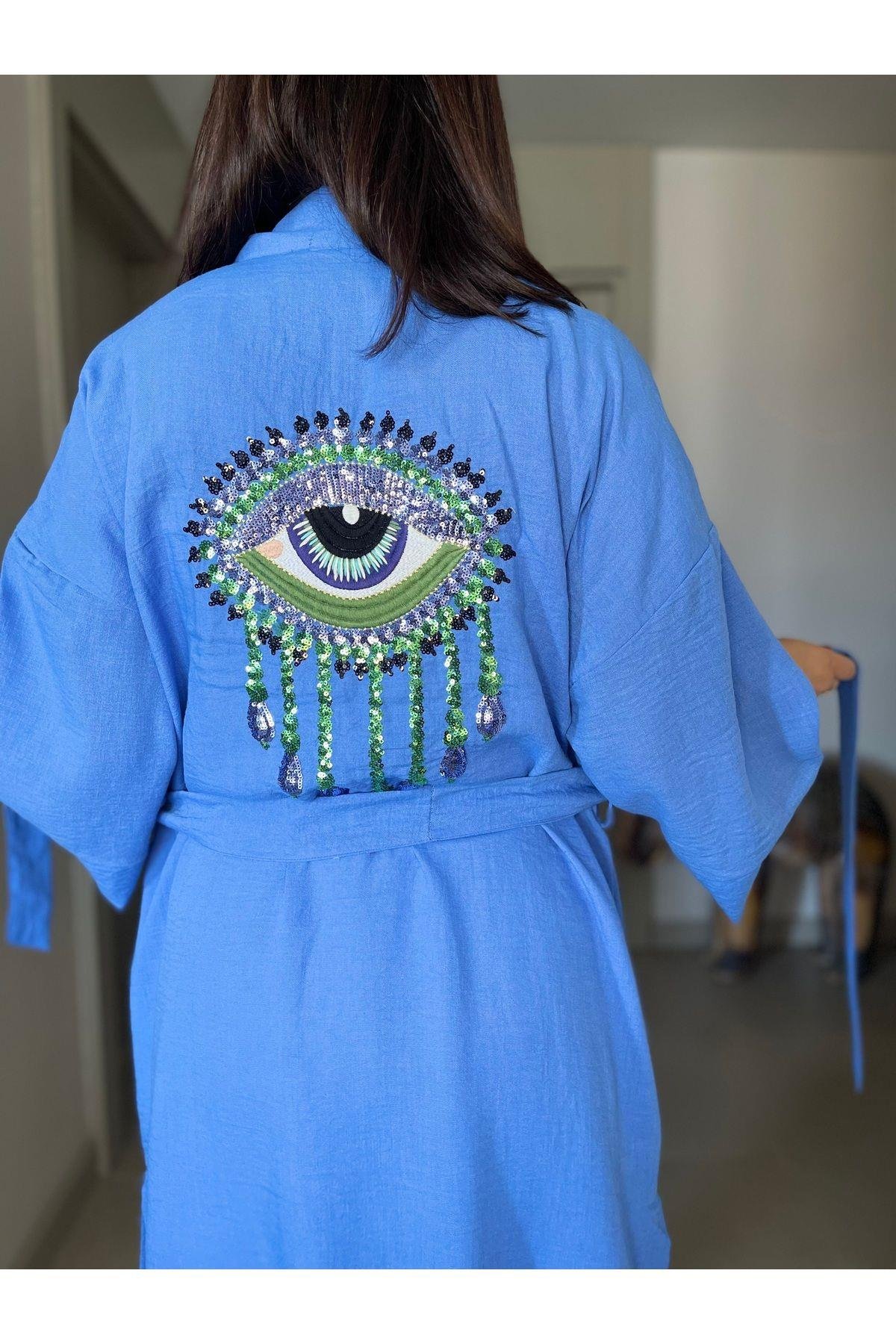 Nakış ve Payet İşlemeli Parlak Göz Detaylı Keten Kimono / Kaftan Yırtmaçlı ve Beli Kuşaklı