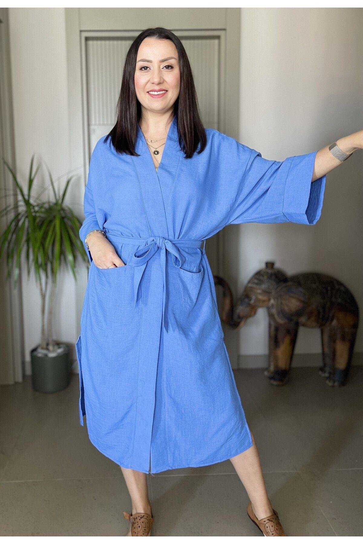 Nakış ve Payet İşlemeli Parlak Göz Detaylı Keten Kimono / Kaftan Yırtmaçlı ve Beli Kuşaklı