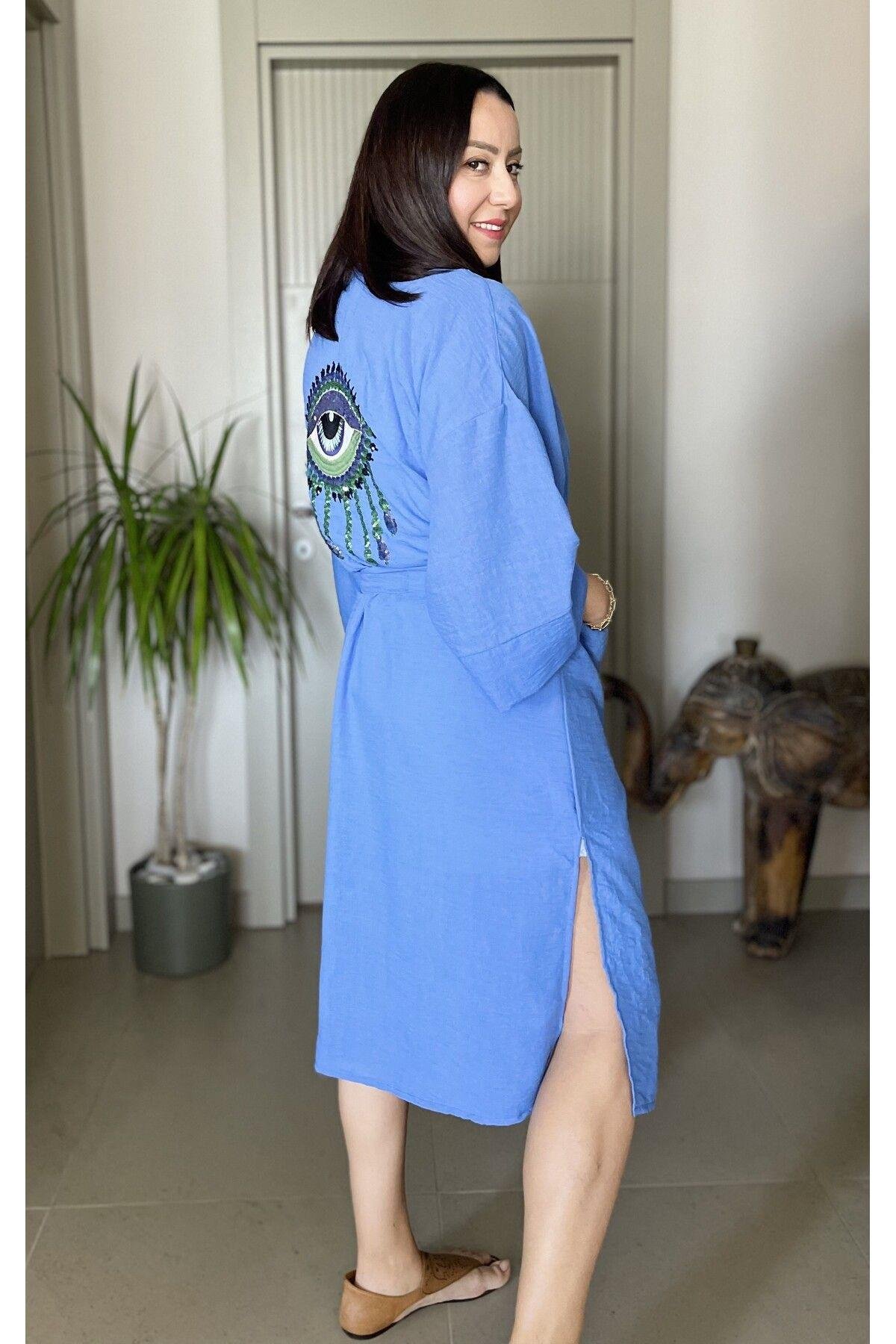 Nakış ve Payet İşlemeli Parlak Göz Detaylı Keten Kimono / Kaftan Yırtmaçlı ve Beli Kuşaklı