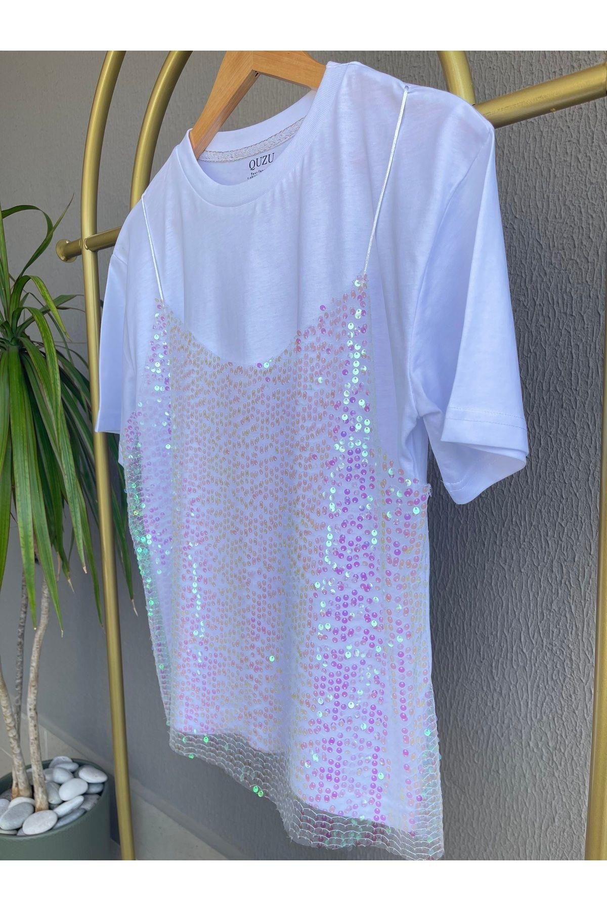 Önü Askılı Tül Payetli Parlak Tshirt