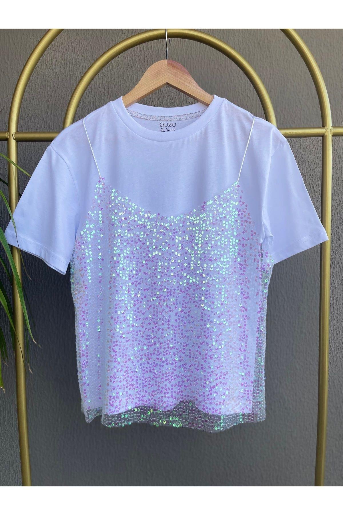 Önü Askılı Tül Payetli Parlak Tshirt