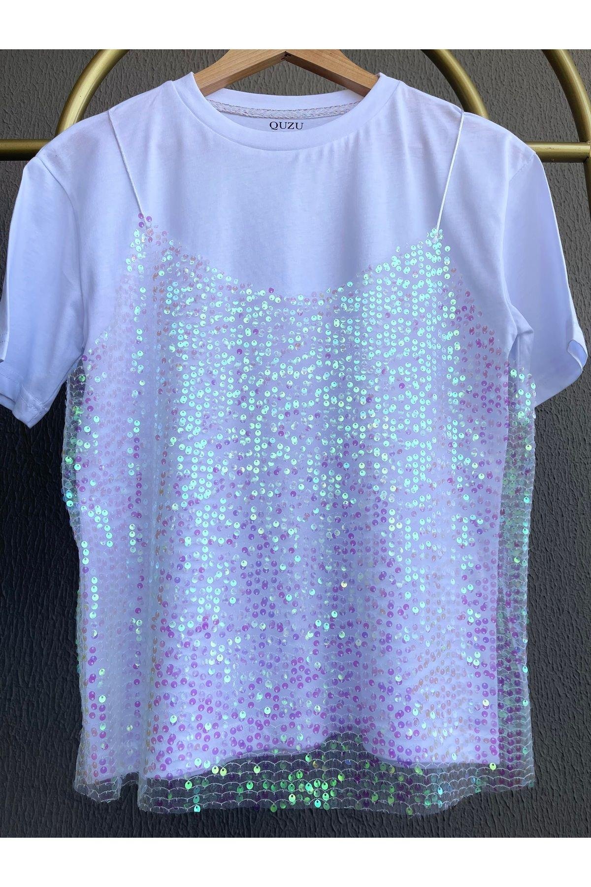 Önü Askılı Tül Payetli Parlak Tshirt