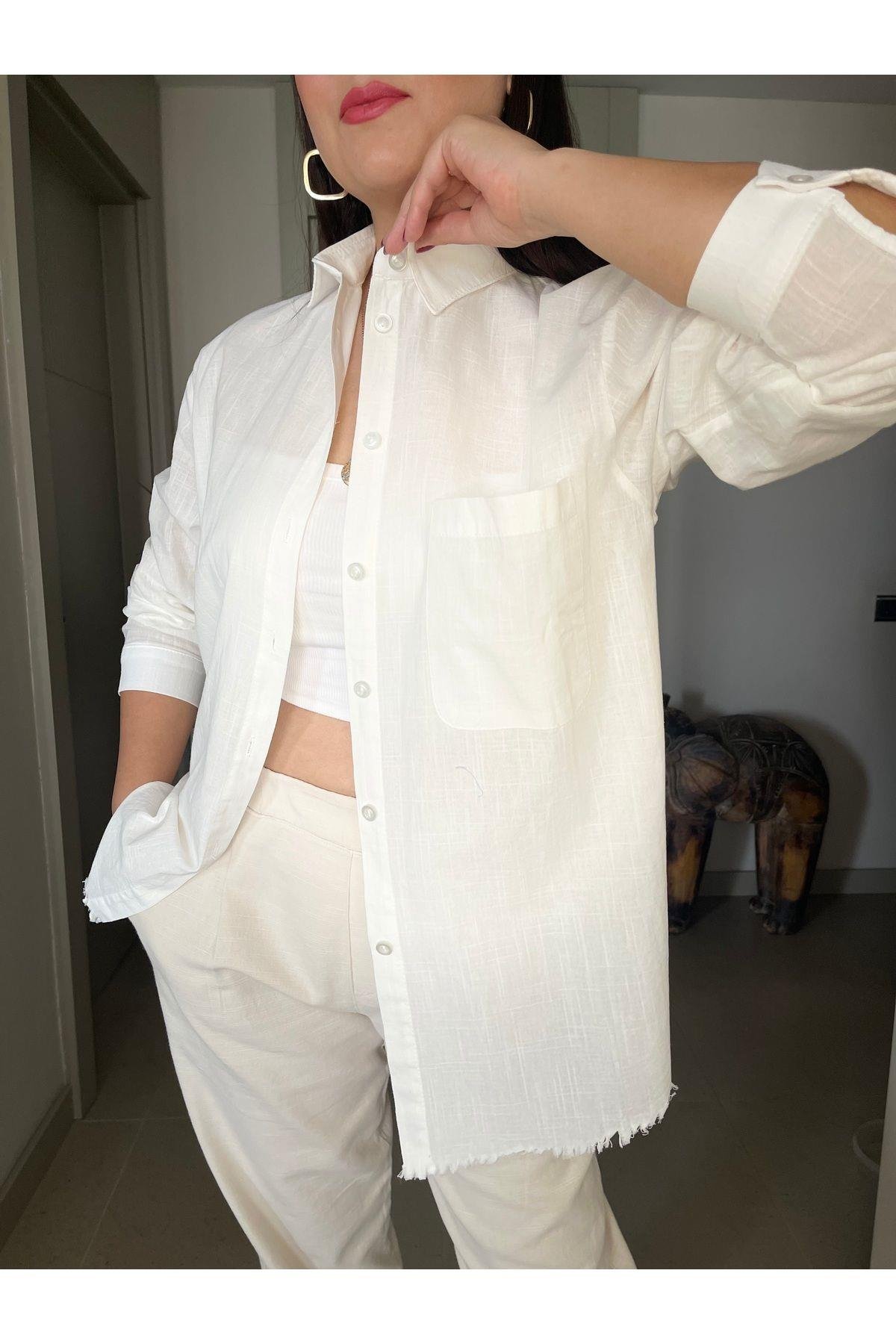 Oversize Altı Püskül Detaylı Keten Dokulu  Gömlek