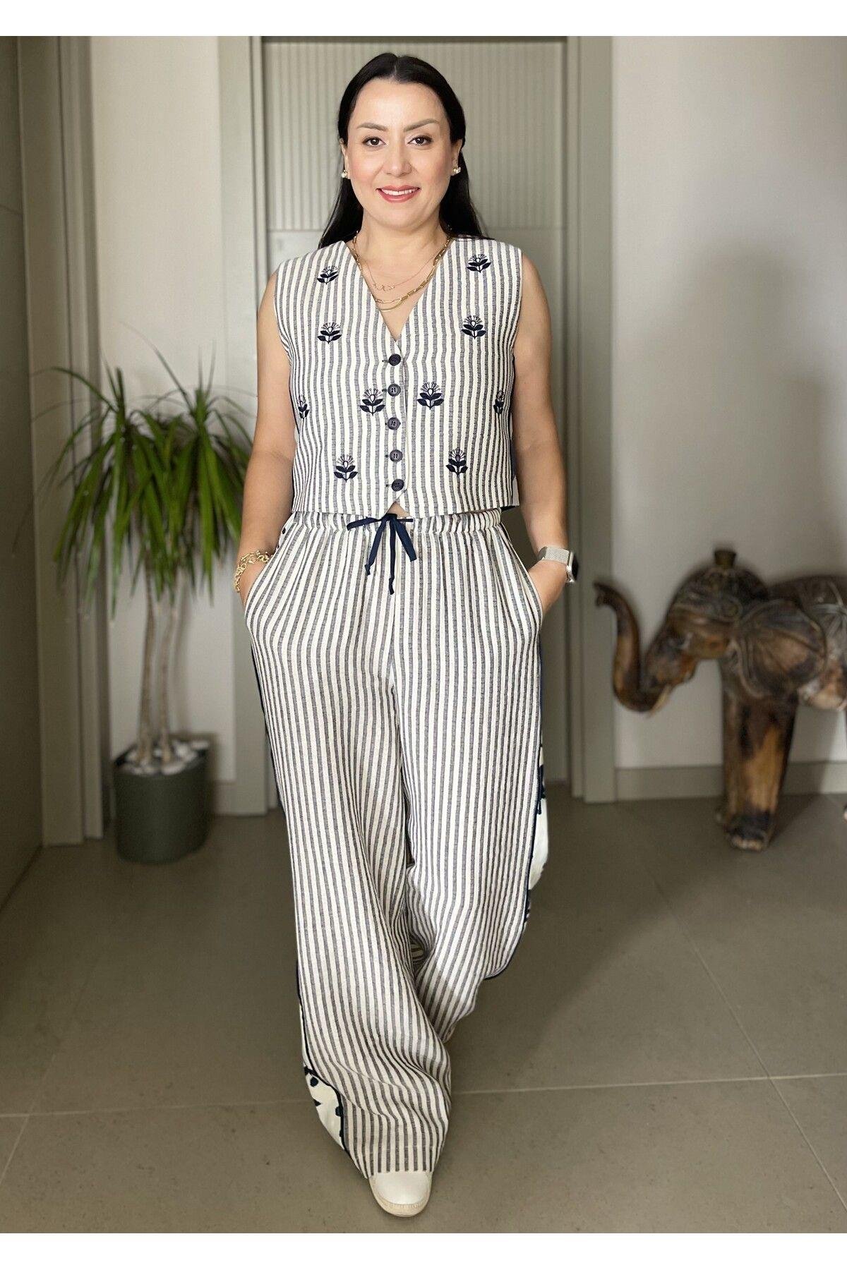 Pamuklu Keten Nakış İşlemeli Yumuşak Dokulu Yelek Pantolon Takım