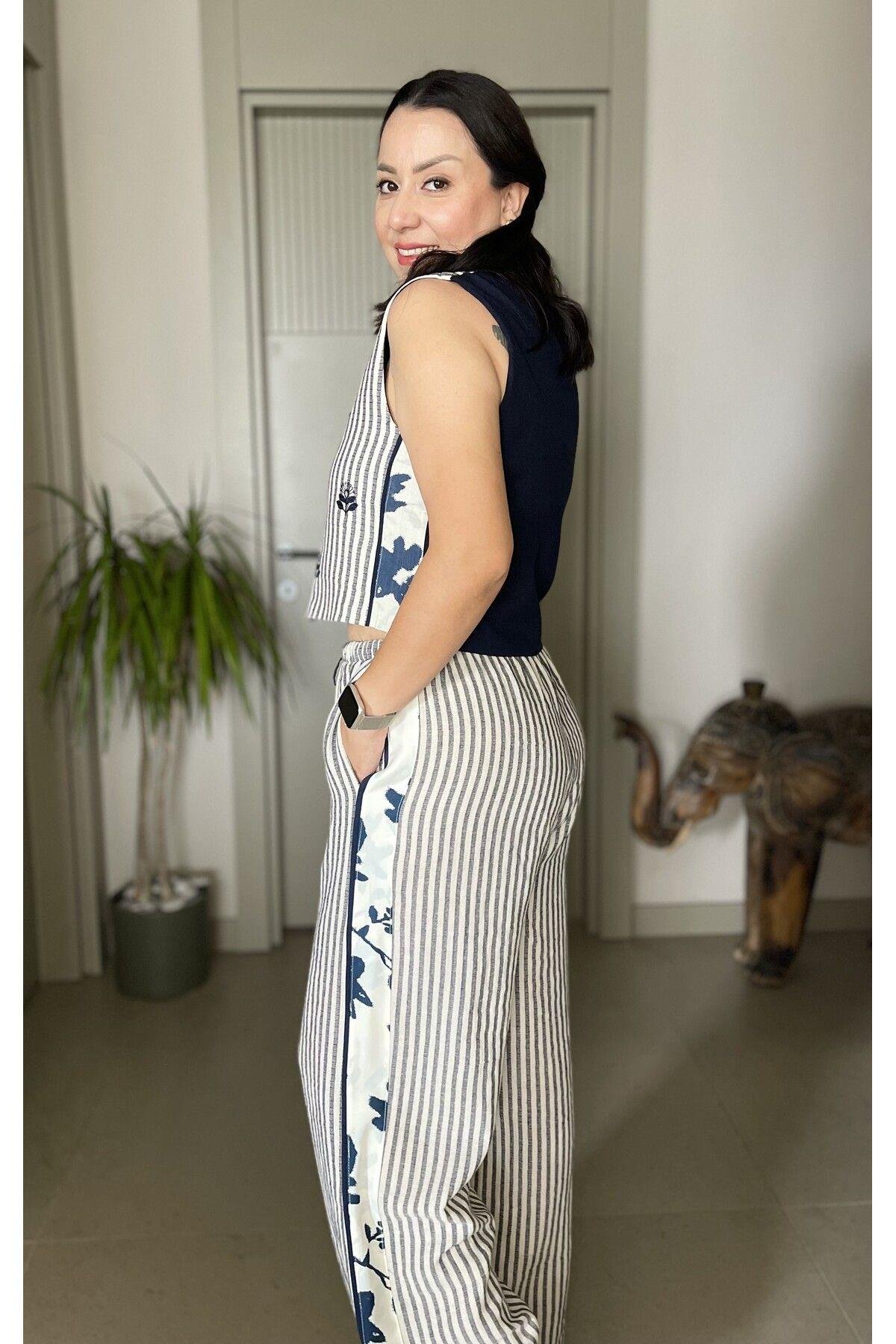 Pamuklu Keten Nakış İşlemeli Yumuşak Dokulu Yelek Pantolon Takım