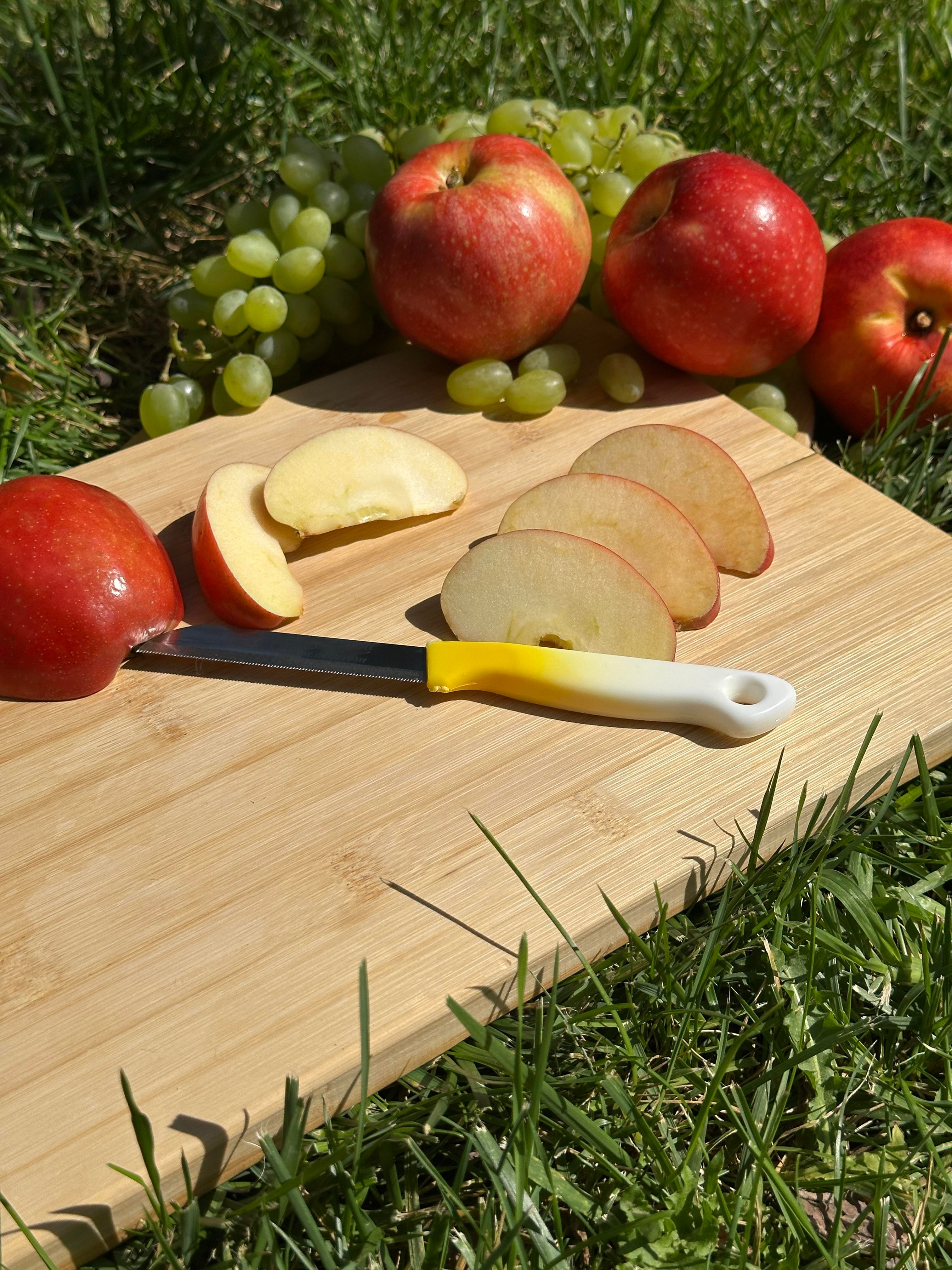 Solingen Ebruli Sarı Tırtıklı Meyve Bıçağı – 18,5 cm, Paslanmaz Alman Çeliği, Ergonomik Sap (Tekli)